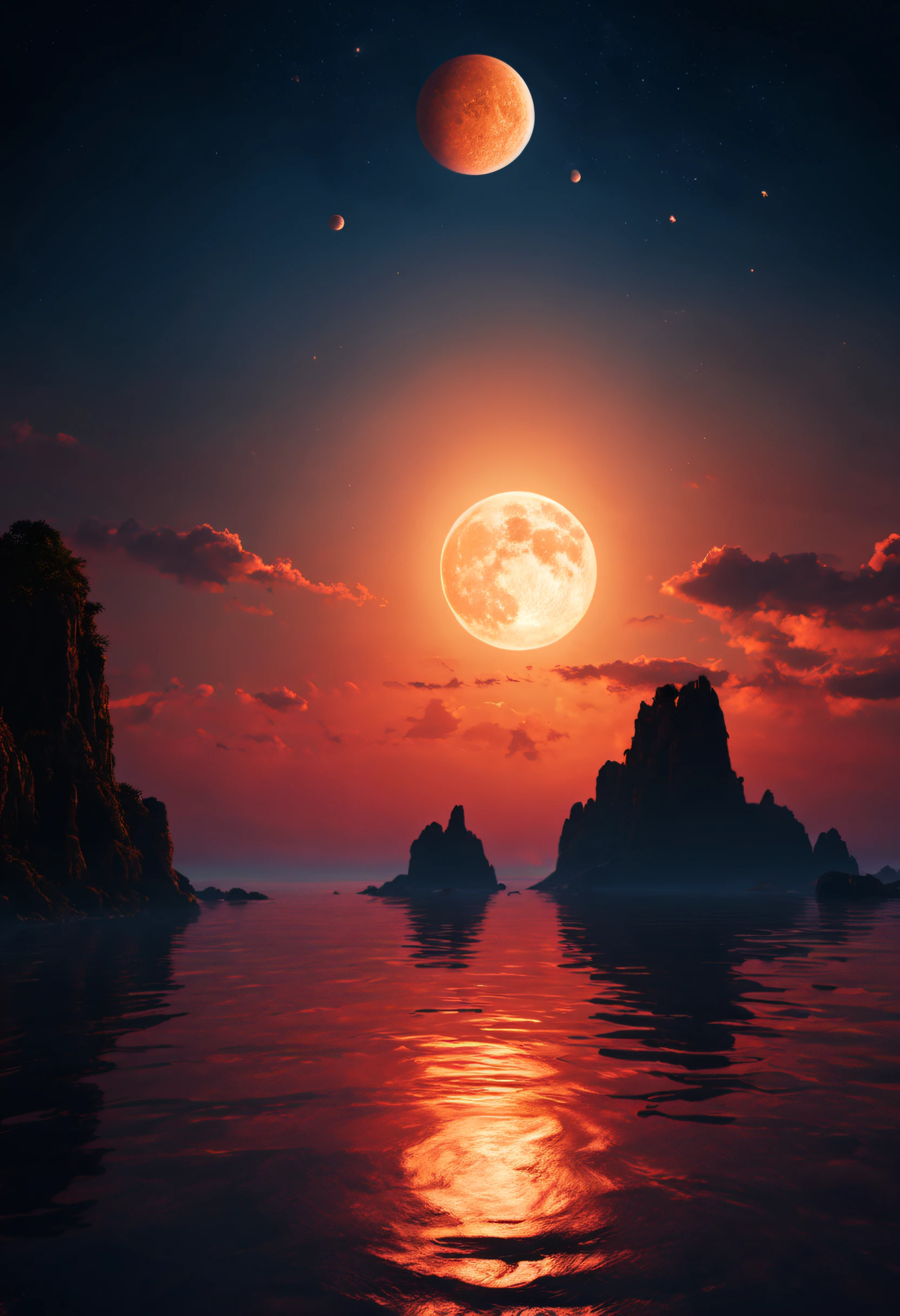 A beautiful sunset on an offshore planet, with moons and galxy visible. It's very detailed and textured