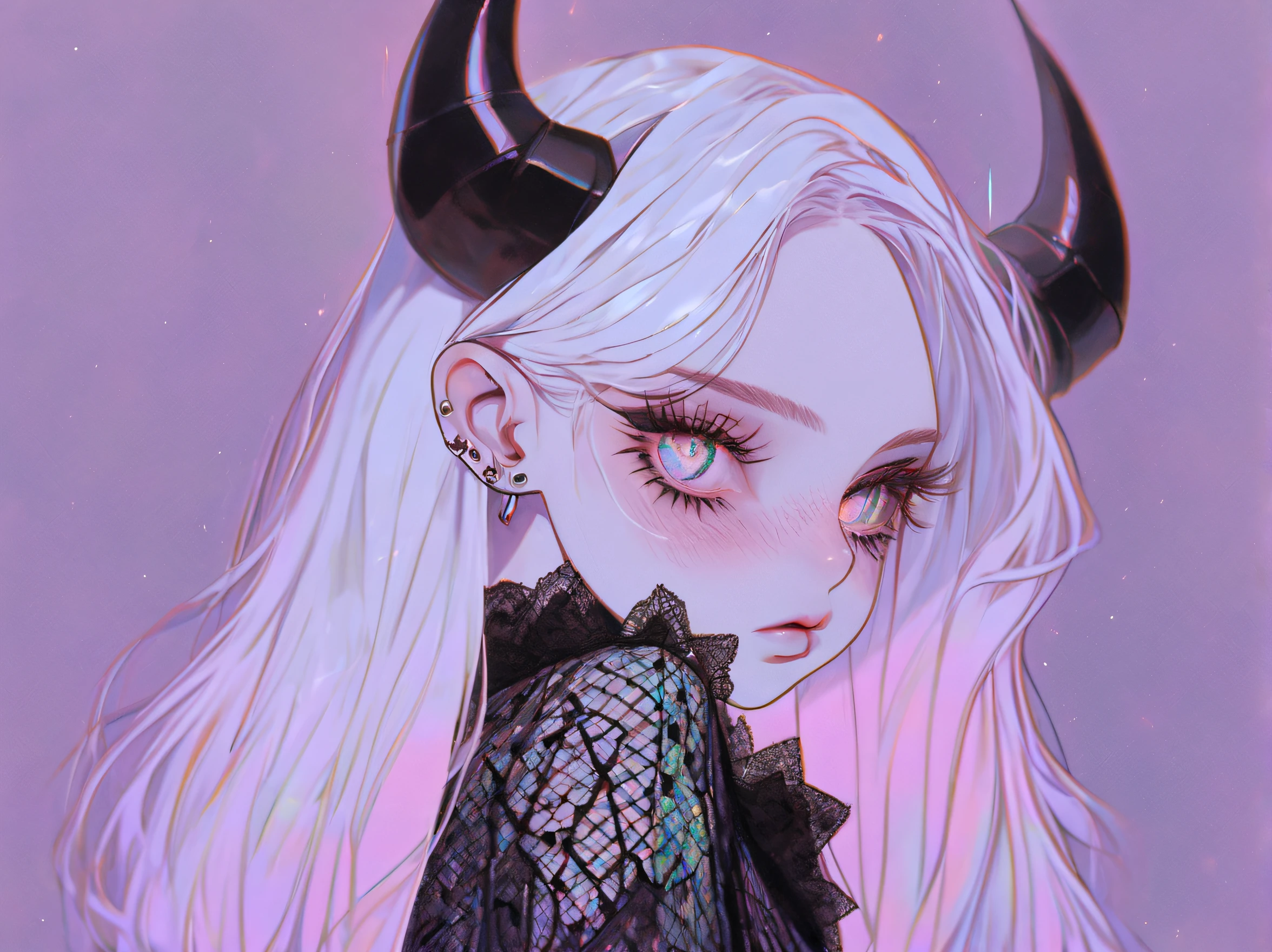 pale devil girl , ((above waist)), shot from far away, (largeeyes, Eyes are delicate and beautiful, Beautiful and delicate face, full body detailing), (prism shading, holo-infused ambiance, chromatic:1.2) Black lace shirt, Gothic background, (Long right angle:1.2) Sneakers with socks,