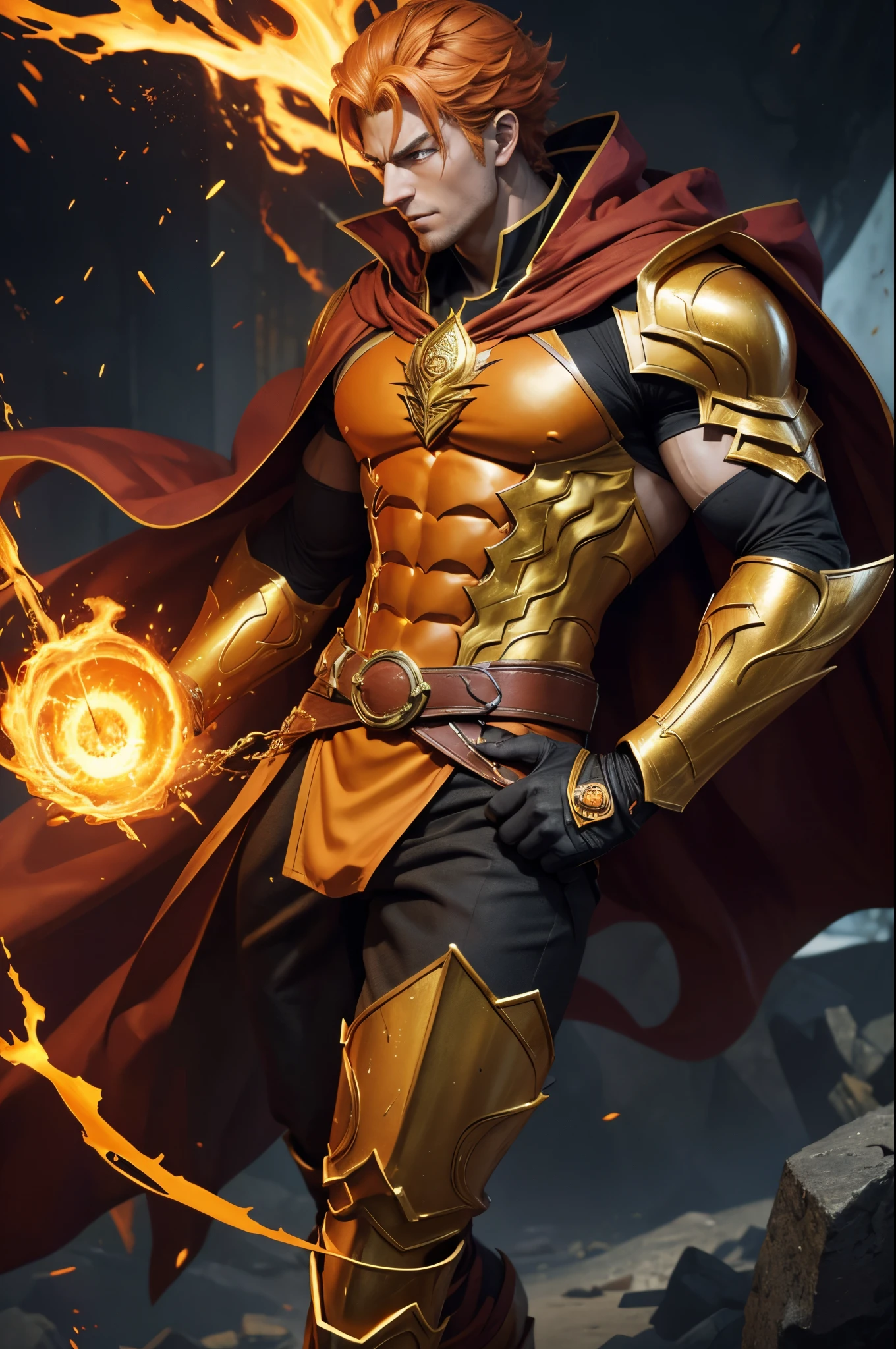 8K,super handsome god,Fearless face,Close-up of a man with orange hair and a cloak, muscular macho god,spews magma from the body(magma effect)Severely cracked abdominal muscles,Golden Eyes(Glowing gold effect)dio brando, handsome guy in demon slayer art, by Yang J, very detailed Artgerm, Stanley Artgerm Lau, Portrait of Lang, hero character art, by ruan jia and stanley artgerm, rossdraws digital painting, inspired by Yang Jin, Artgerm jsc,超A high resolution,super realistic skin,Fantasyart,(​masterpiece)Deities々new red, yellow and orange armor(3 color tones)luxury black pants,luxurious leg armor,Gorgeous red, orange and yellow gauntlets(3 color tones)Release magma aura from your body(magma effect)