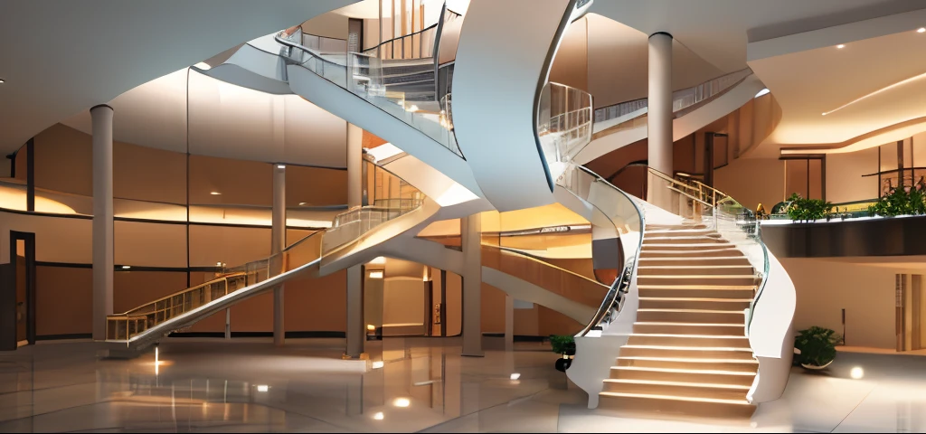 a close up of a spiral staircase in a building with a staircase, architecture render, shopping mall lobby, Zaha hadid style