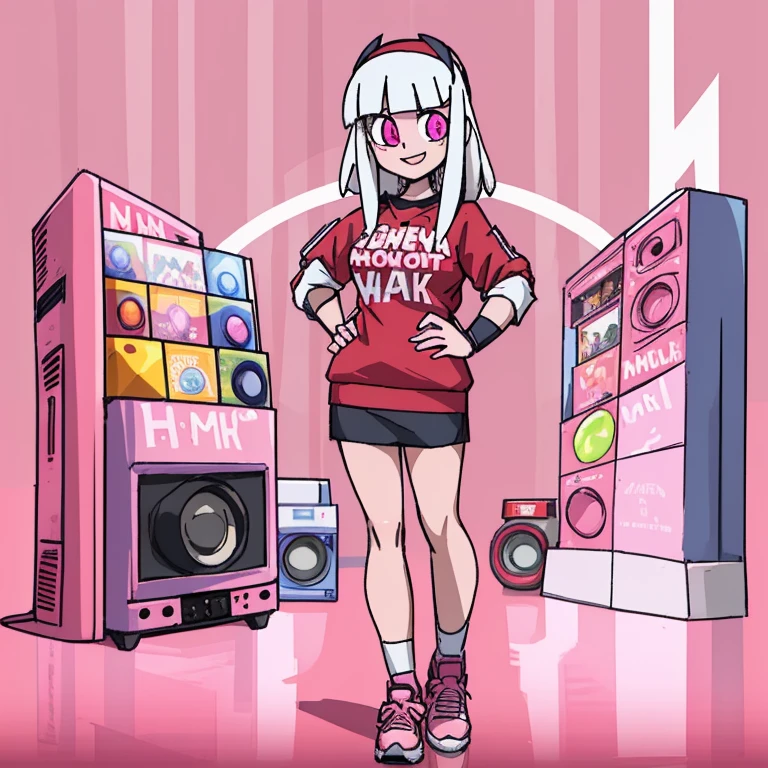 2D, masterpiece, Top Quality, Highly detailed eyes, highly detailed face, 4Girl, standing at, pink background, helltaker, White-haired, Baseball Jumper, Pink T-shirt, cassette, boom box, JINS, Basketball Shoes, Retro, video tape, cathode ray tube,