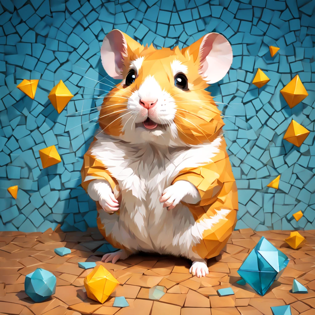 A hamster Adventurer,radiation mosaic:1.2, catch the sun:0.8, like shards of glass,Inject warmth and energy into a space:0.4 Flash and dance.