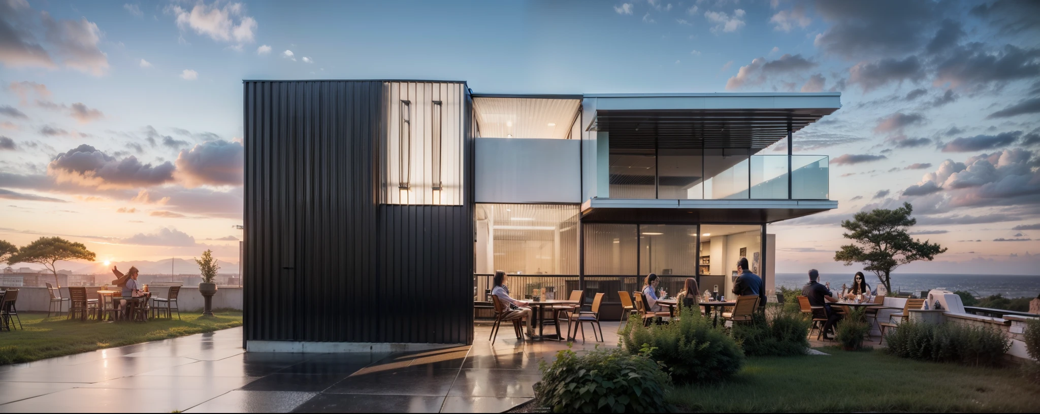 (((tmasterpiece))),((Best quality)),Award-winning architectural exterior design，building exterior，（（cafe shop）），cafe shop,Commercial café，glass,cementitious , aluminium，Asphalt pavement，grassy fields, ray traycing, The content is very detailed，hyper realisitc，Hyper Real