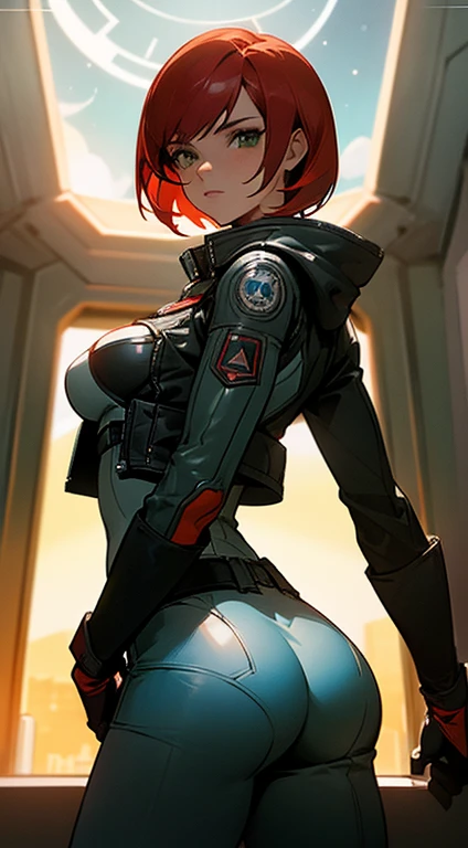 ((Best quality)), inside spacestation, looking out into space, Female shepard from mass effect series, short red hair, pale green eyes, muscular build, wearing casual clothes, leather jacket, open jacket, breast, ass, cleavage, looking away from viewer, staring out into space, stars, sun, sun flare, side shot