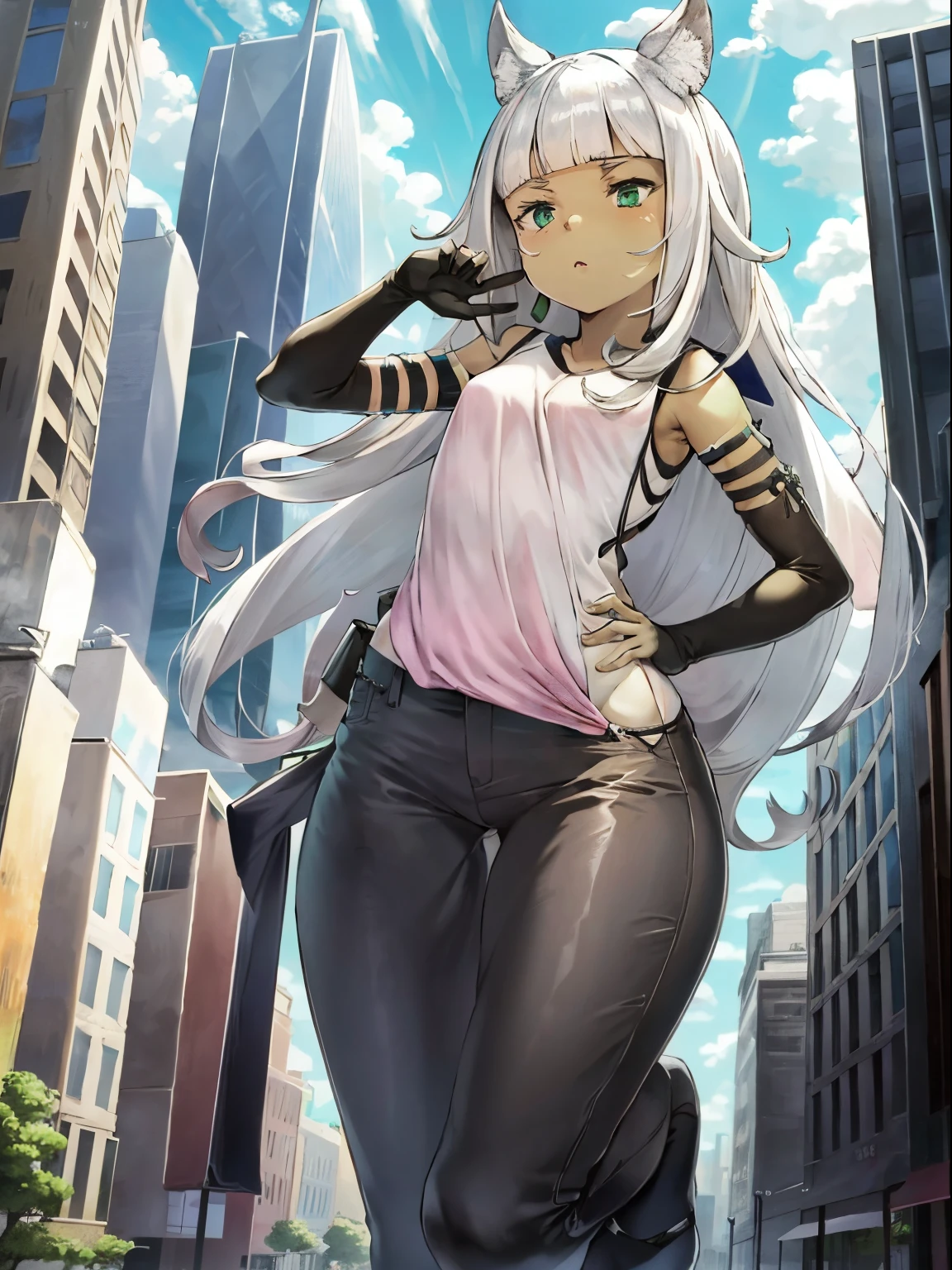 Ochette, 1girl, crowded city, green eyes, giantess, massive, tall, cute, full body picture, buildings, gao, larger than buildings, best quality, pink clothing, buildings nearby, between buildings, taller than skyscrapers, flat ground, standing, ground visible, loose black pants, adorable, kind, gentle, empty hands, small build, slim, long pants