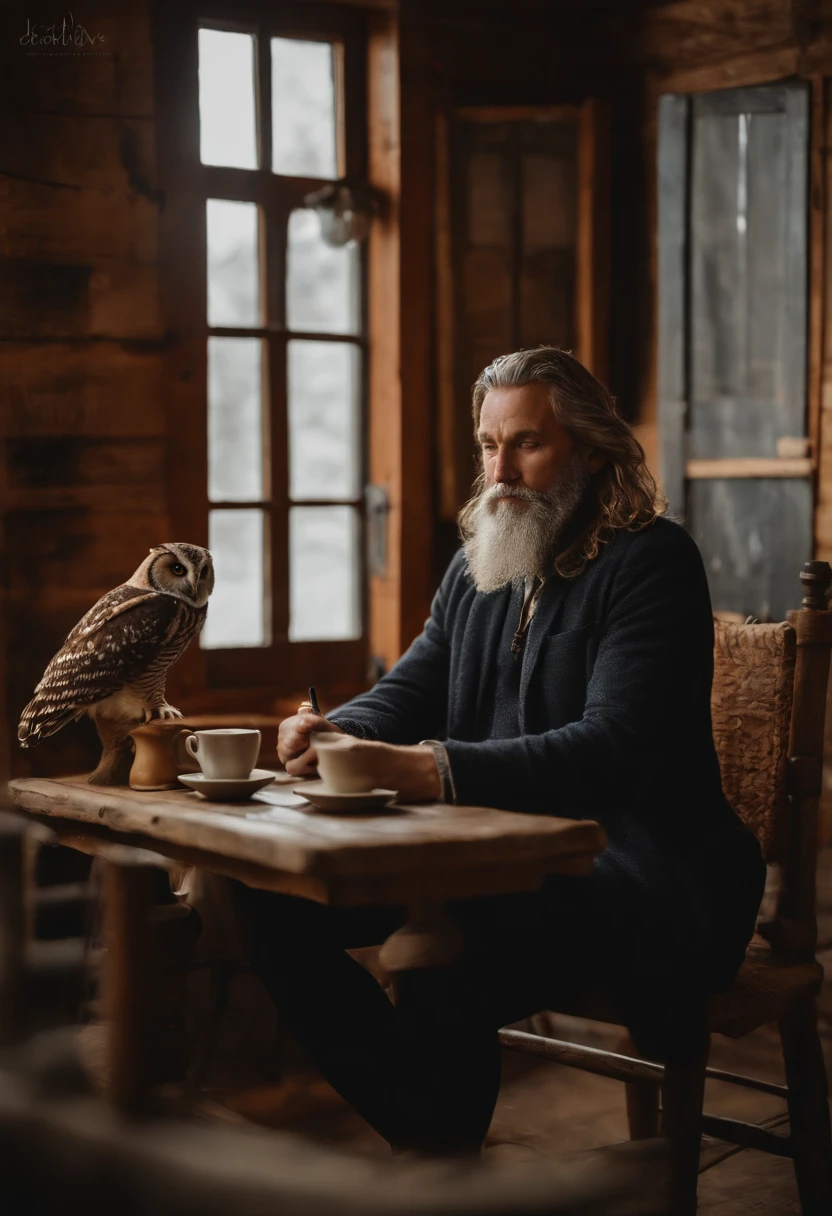 A photo of Don't Know It Poet sitting in a cozy corner of a cafe, surrounded by artistic decor, sipping on a turmeric latte, and writing in a notebook.,original,a man with longer wiry hair living in a cabin by a pond in rural Vermont, surrounded by a fireplace, a typewriter, and a wooden statuette of an owl., male