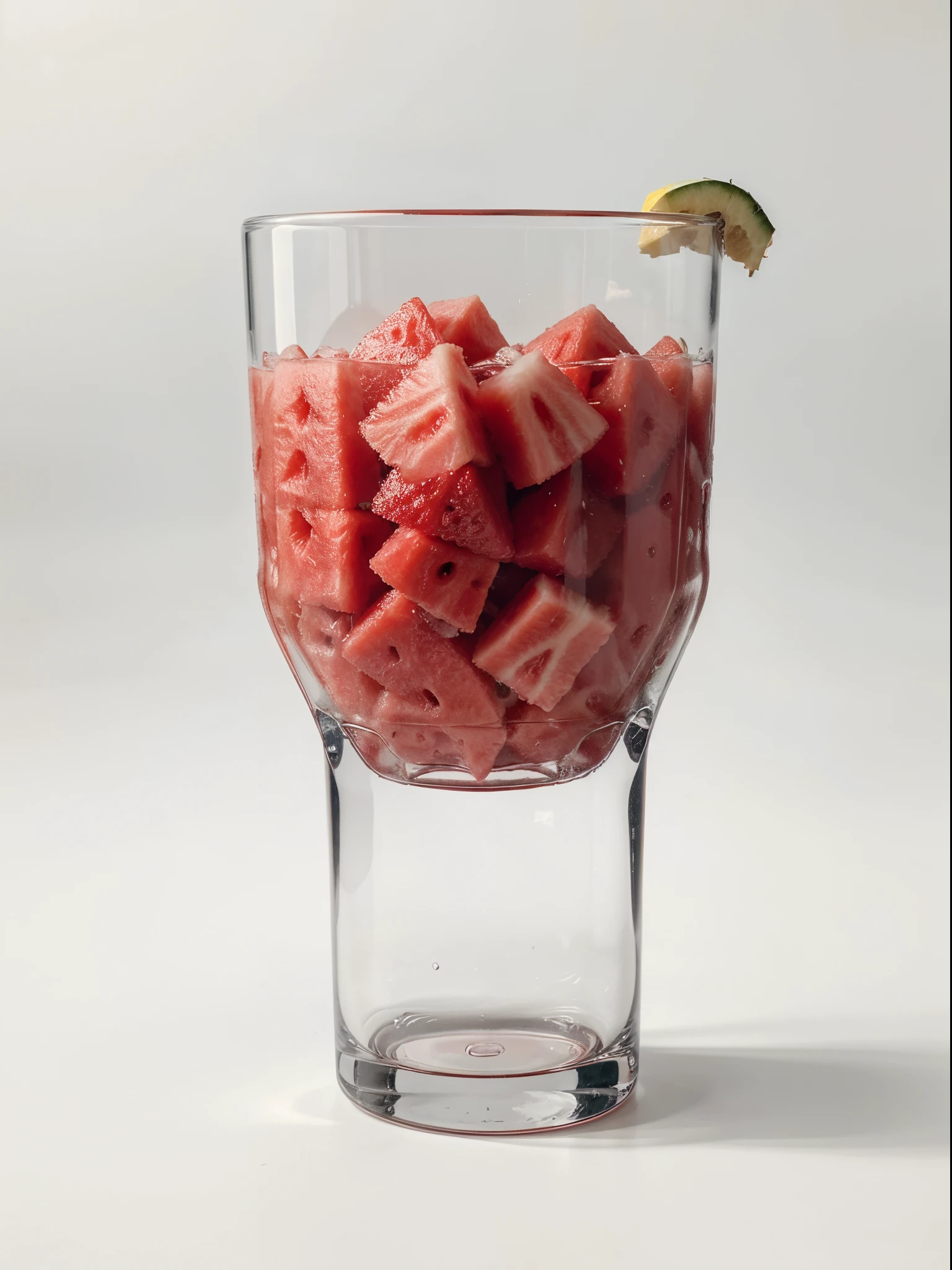 Best quality,8K,Masterpiece:1.3),NOhumans,transparent blender,There are a lot of watermelon slices and strawberry and banana slices in it, blend, detalhe poderoso, intense detail, on the white background, Clear detail, professional,(Hyper-realistic:1.3)