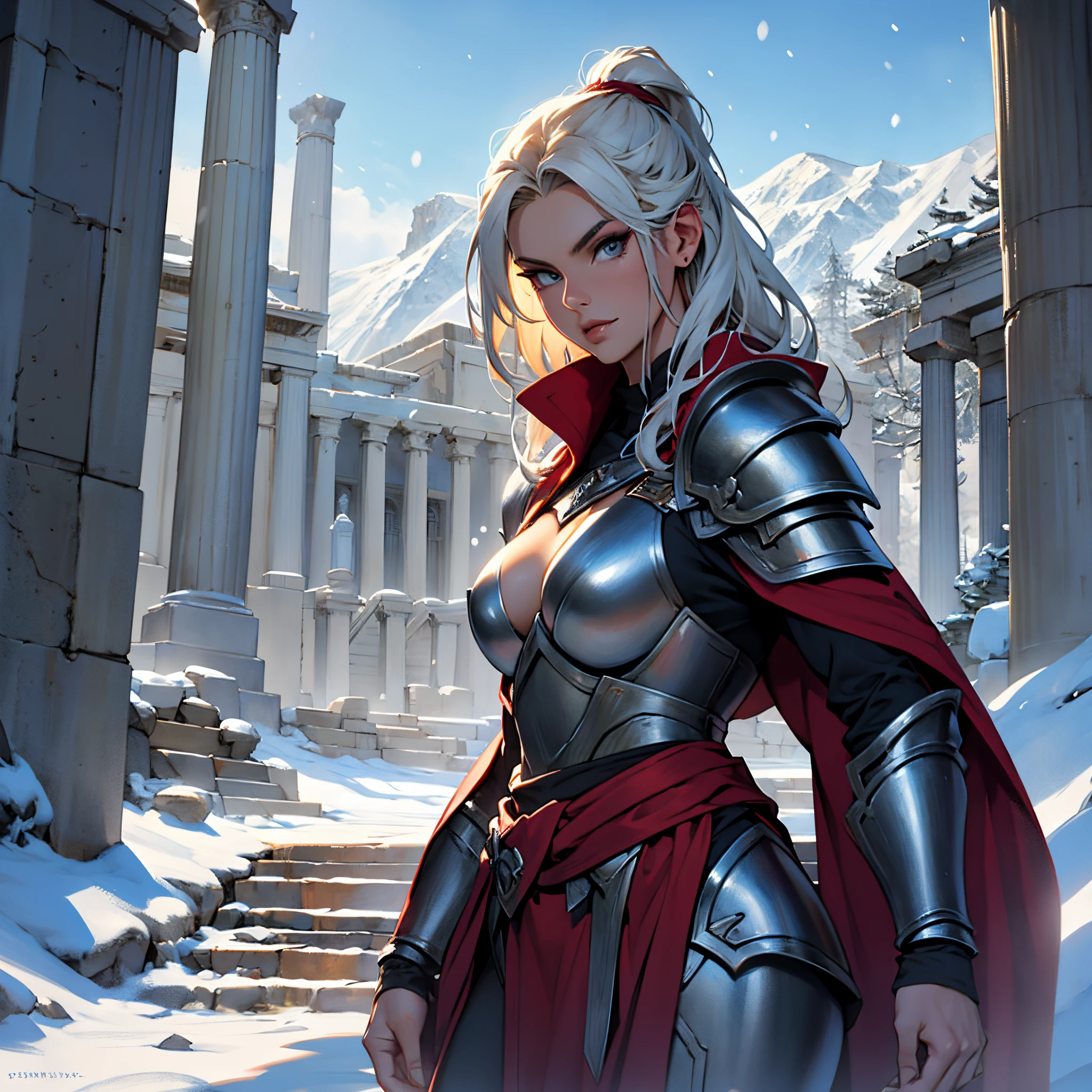 masterpiece, Best Quality, 4k, Background with:In front of the snow-covered stairs of a Greek temple with snow-capped mountains in the distance, One female Valkyrie warrior wearing silver armor and dark red cape, super saiyan head, Fantasy, close up portrait photo