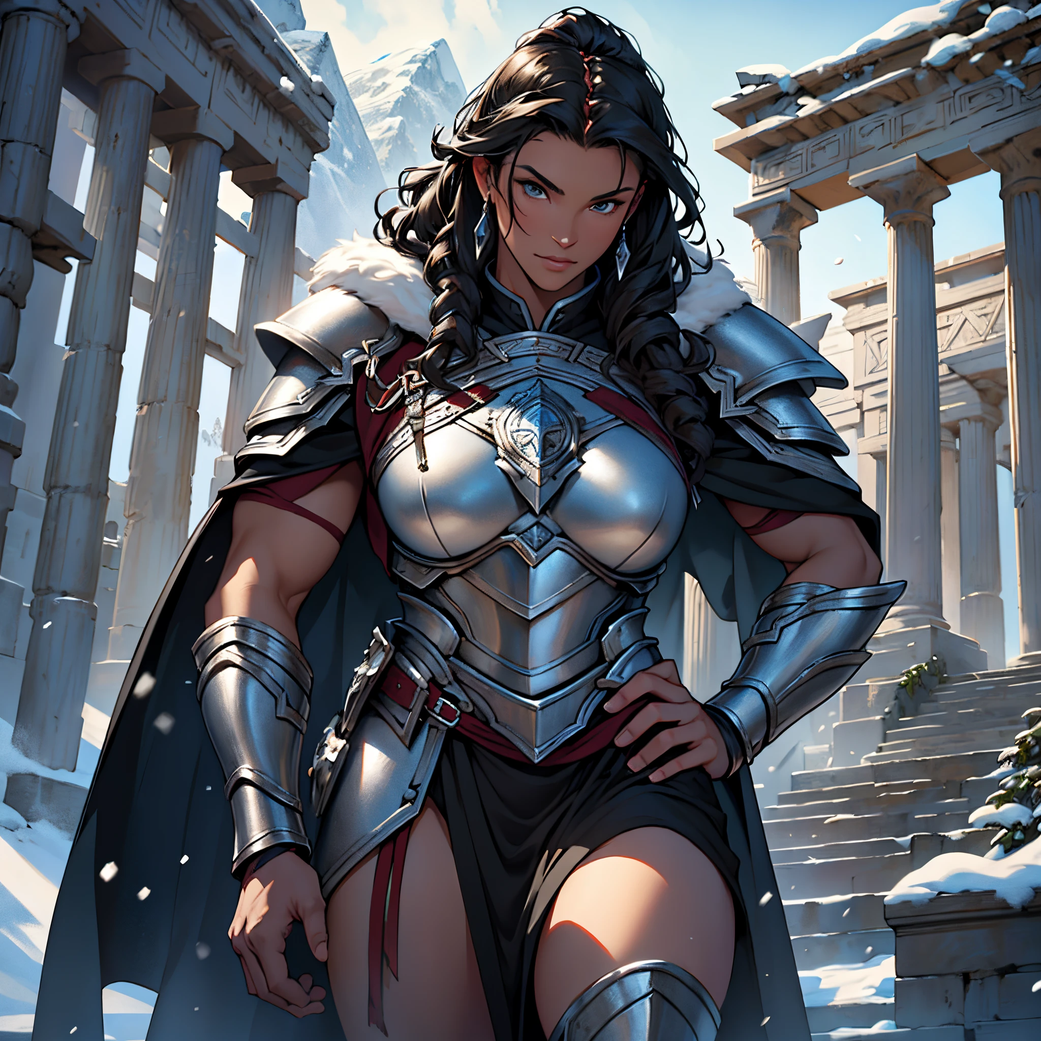 ​masterpiece, Best Quality, 4k, Background with:In front of the snow-covered stairs of a Greek temple with snow-capped mountains in the distance, One female Valkyrie warrior wearing silver armor and dark red cape, A large black man with very dark skin. ., Stiff look,very curly, Fantasy, close up portrait photo