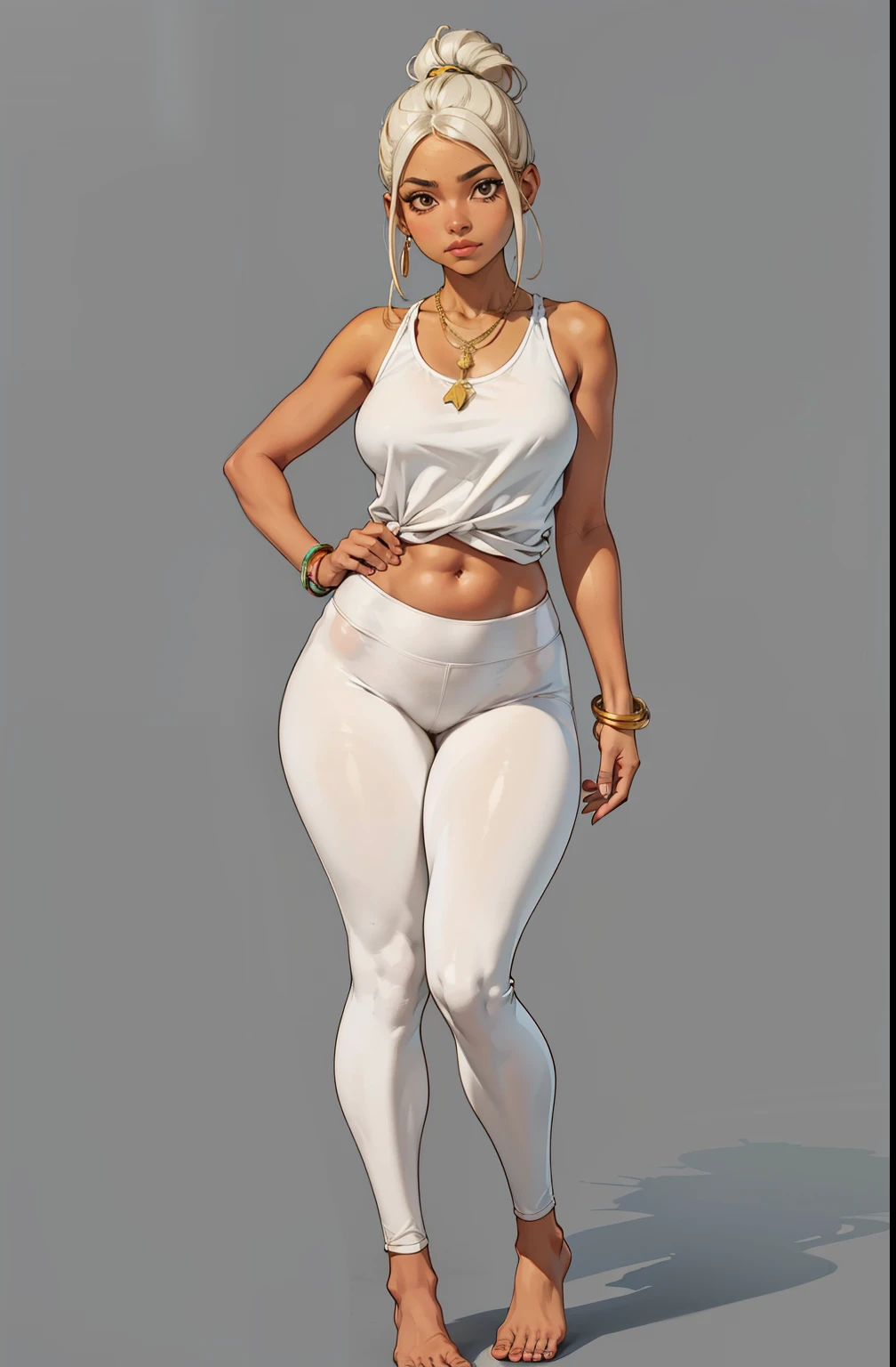 sweatshirt, yoga pants, streetwear, uma , pequena, chubby, large hips, brown skin, large body, long blond hair, corpo todo, standing on her feet, studio background, childish appearance, maquiagem, mascara, Lips are soft or colored, fundo preto simples, minimalismo, monotone, paletas de cores simples, limpo, Crisp drawings, silhuetas fluidas,, camisas curta, Asymmetric, geometric, Materiais e designs elegantes e luxuosos, Simple and minimalist accessories, Necklaces and thin rings in silver or gold, Pulseiras simples, Designs diferentes, silhuetas simples, estilo simples e sofisticado, elegence, minimalismo, materiais de alta qualidade, Fresh and urban printing, alta moda, Simplicity and sophistication, youthful appearance