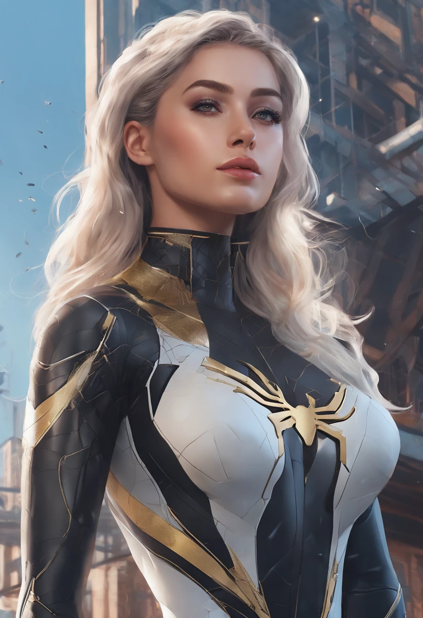 (1girl:1.3), solo, __body-parts__, official art, unified 8k wallpaper, super detailed, beautiful and aesthetic, beautiful, masterpiece, best quality, raw, masterpiece, super fine photo, best quality, super high resolution, photorealistic realism, sunlight, full body portrait, amazing beauty,dynamic pose, delicate face, vibrant eyes, (from the front), she is wearing a black Spider-man suit, gold and black color scheme, spider, very detailed abandoned warehouse background, Detailed face, detailed complex busy background, messy, gorgeous, milky white, highly detailed skin, realistic skin details, visible pores, sharp focus, volumetric fog, 8k uhd, DSLR, high quality, film grain, fair skin, photo realism, lomography, huge metropolis in future dystopia, seen from below, translucent,long light hair