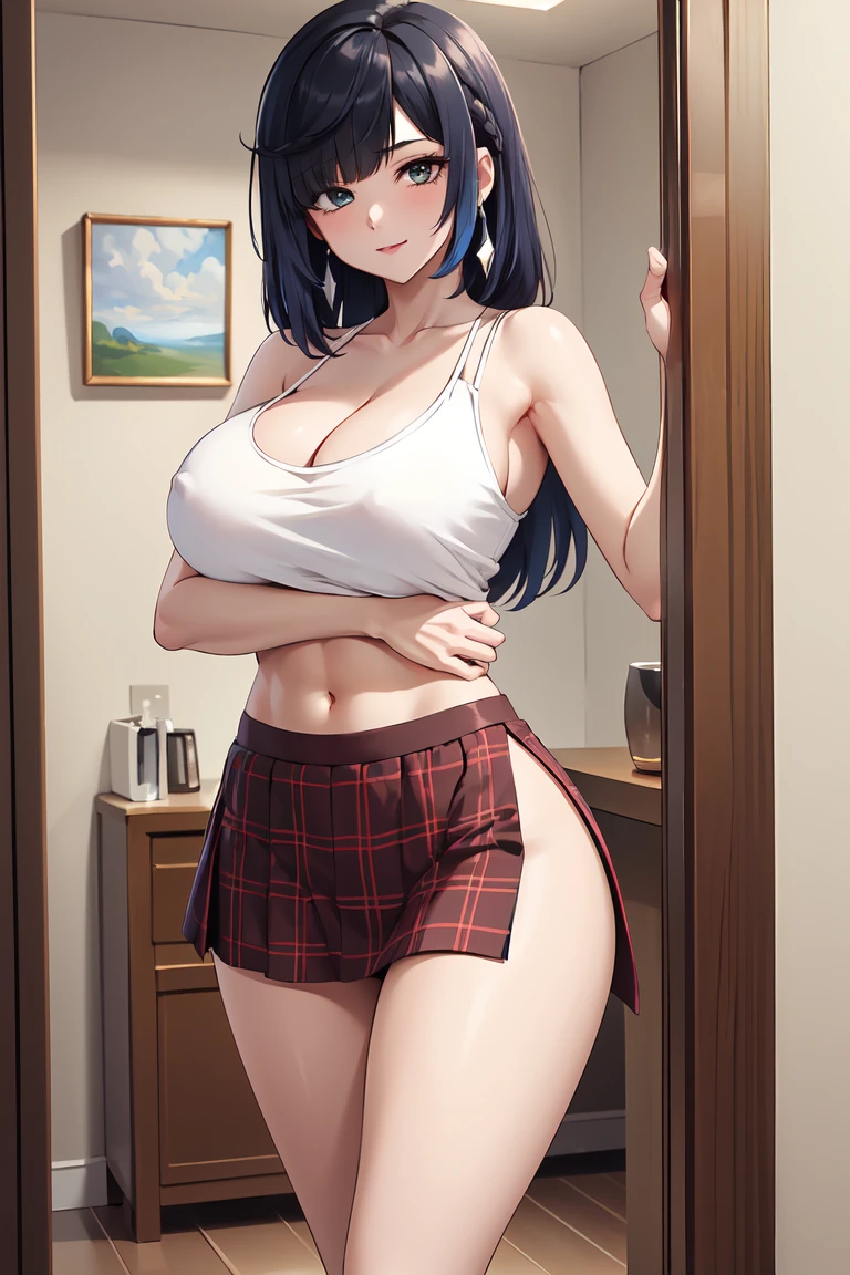 (Best quality at best,Unbeatable masterpiece:1.4),Ultra-detailed CG 4K,white camisole，plaid slit skirt，Huge cleavage，Nipple presentation，AS-Adult，hair covering one eye，smooth thigh，standing with legs apart，Nipple presentation，navel，Lower breast，Breasts enlarged，lift one thigh