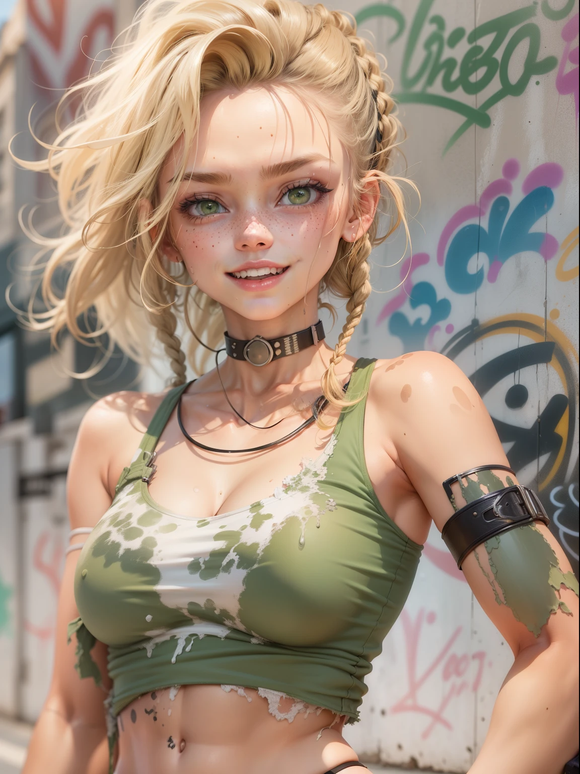 masterpiece, best quality, 1girl, wrinkles:0.2, face drenched with thick white liquid, cum covered face,crop top, open top, sexy, small tits, nipple slip, torn denim shorts, choker ,arms behind back, against wall, looking at viewer, armband, thigh strap, head tilt, 1.2 smiling wistfully, blonde hair, twin braids, freckles, green eyes, graffiti on the backgorund