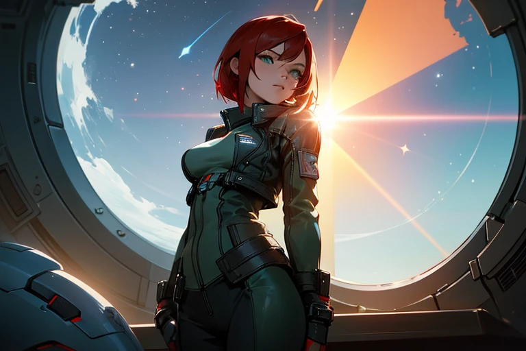 ((Best quality)), inside spacestation, looking out into space, Female shepard from mass effect series, short red hair, pale green eyes, muscular build, wearing casual clothes, leather jacket, open jacket, breast, ass, cleavage, looking away from viewer, staring out into space, stars, sun, sun flare, side shot