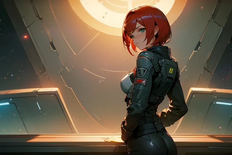 ((Best quality)), inside spacestation, looking out into space, Female shepard from mass effect series, short red hair, pale green eyes, muscular build, wearing casual clothes, leather jacket, open jacket, breast, ass, cleavage, looking away from viewer, staring out into space, stars, sun, sun flare, side shot