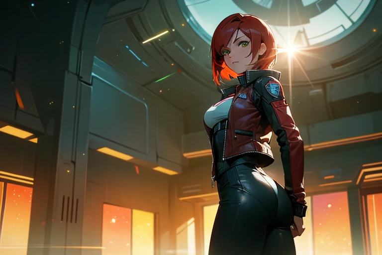 ((Best quality)), inside spacestation, looking out into space, Female shepard from mass effect series, short red hair, pale green eyes, muscular build, wearing casual clothes, leather jacket, open jacket, breast, ass, cleavage, looking away from viewer, staring out into space, stars, sun, sun flare, side shot