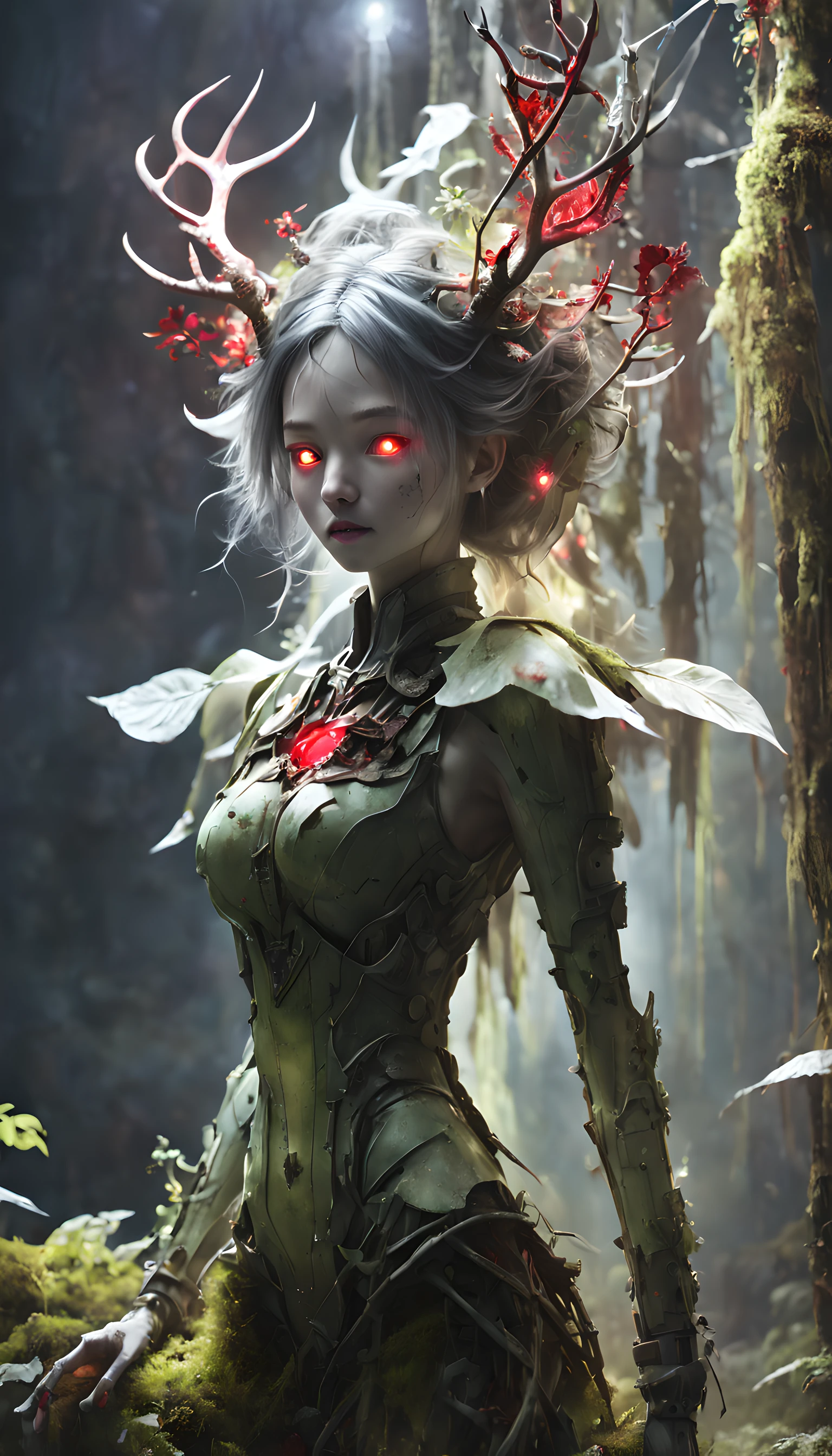 a broken feminine humanoid robot,At night, a light shone on her, dented, scratched, flaking peeling paint, in a abandoned interior room, mossy and fungus, once pretty,An artistic photograph,full body,(Remote shooting:1.4),closeup 50mm f/1.3,bailong plant girl, girl made of dead plants,a girl made of red plants,forest,plant,antlers