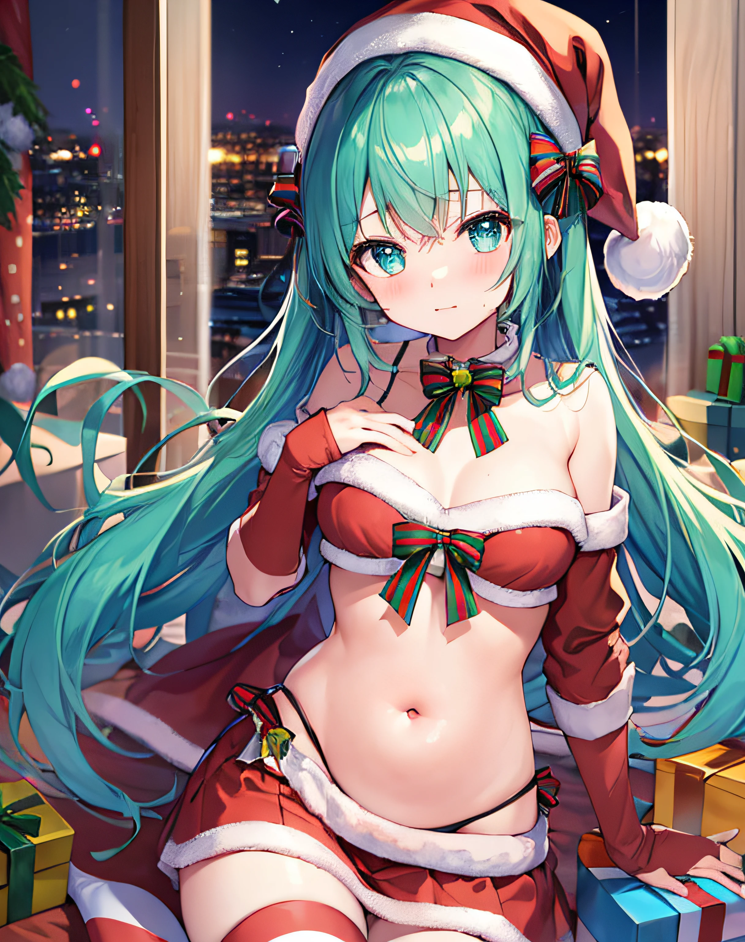 ​masterpiece、Top image quality、超A high resolution、NSFW、miku hatsune、blue hairs、Twin-tailed、Blushing、Cute and shy、Santa costume with belly button exposed、Santa Costume Mini Skirt、Wearing a Santa Hat、large firm breasts、well-shaped breasts、well-shaped navel、knee sox、Striped pants、There are some small gift boxes、Night、Christmas