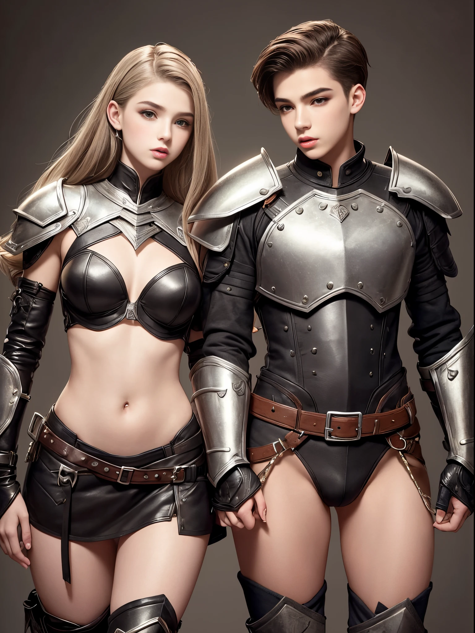 Cute 18 years old boy and girl. Feminine figure. Big lips. Makeup. Androgynous. Optimistic. Leather armor. Fantasy beautiful background. Masterpiece