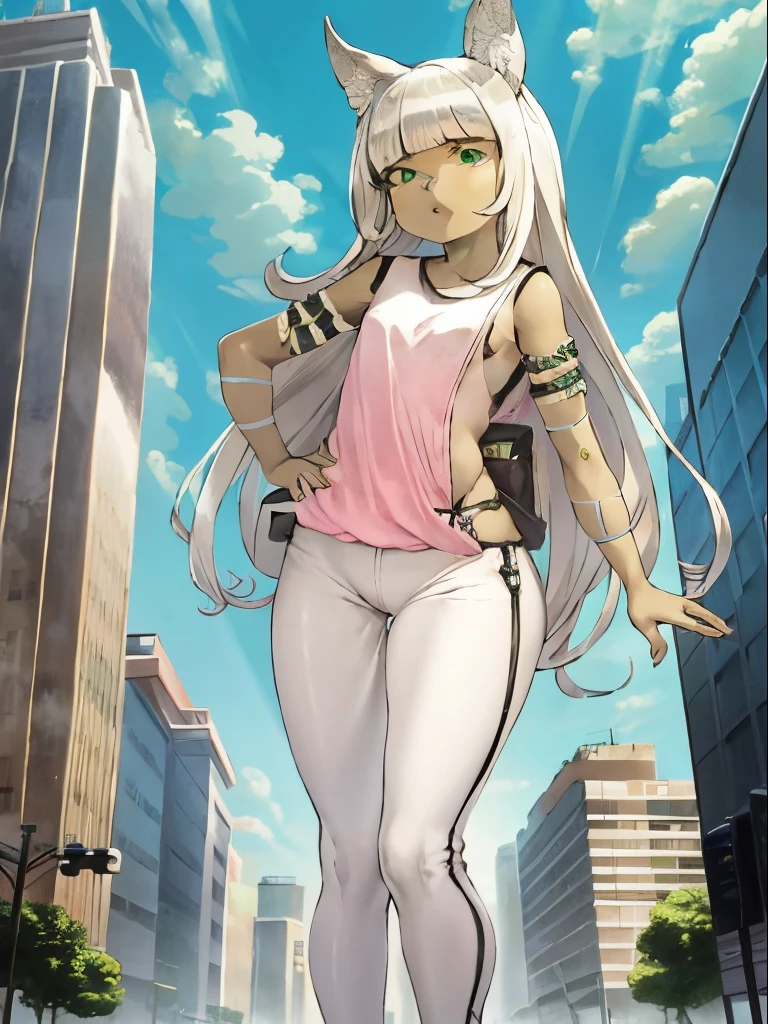 Ochette, 1girl, crowded city, green eyes, giantess, massive, tall, cute, full body picture, buildings, gao, larger than buildings, best quality, pink clothing, buildings nearby, between buildings, taller than skyscrapers, flat ground, standing, ground visible, loose black pants, adorable, kind, gentle, empty hands, small build, slim, long pants