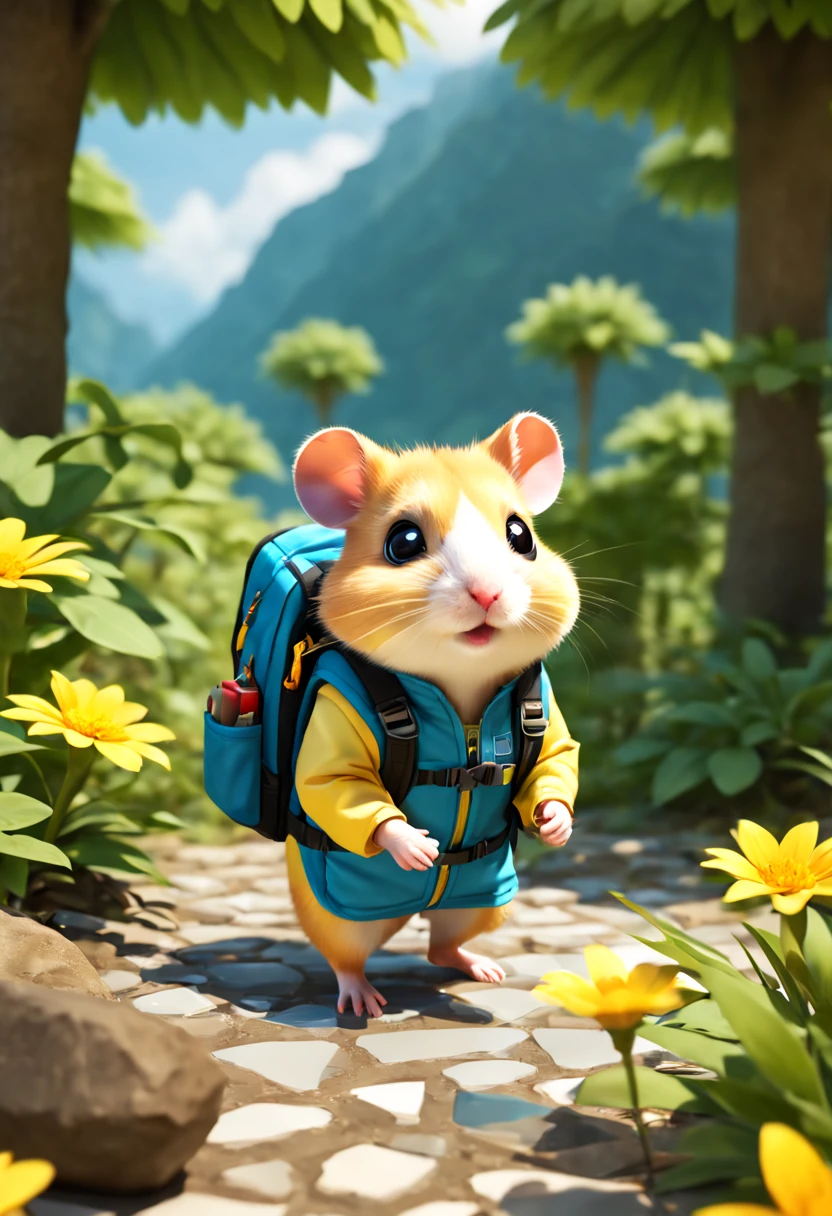 A hamster Adventurer,Wearing outdoor explorer clothing,Carry an adventure backpack ,radiation mosaic:1.2, catch the sun:0.8, like shards of glass，Inject warmth and energy into a space:0.4 Flash and dance.