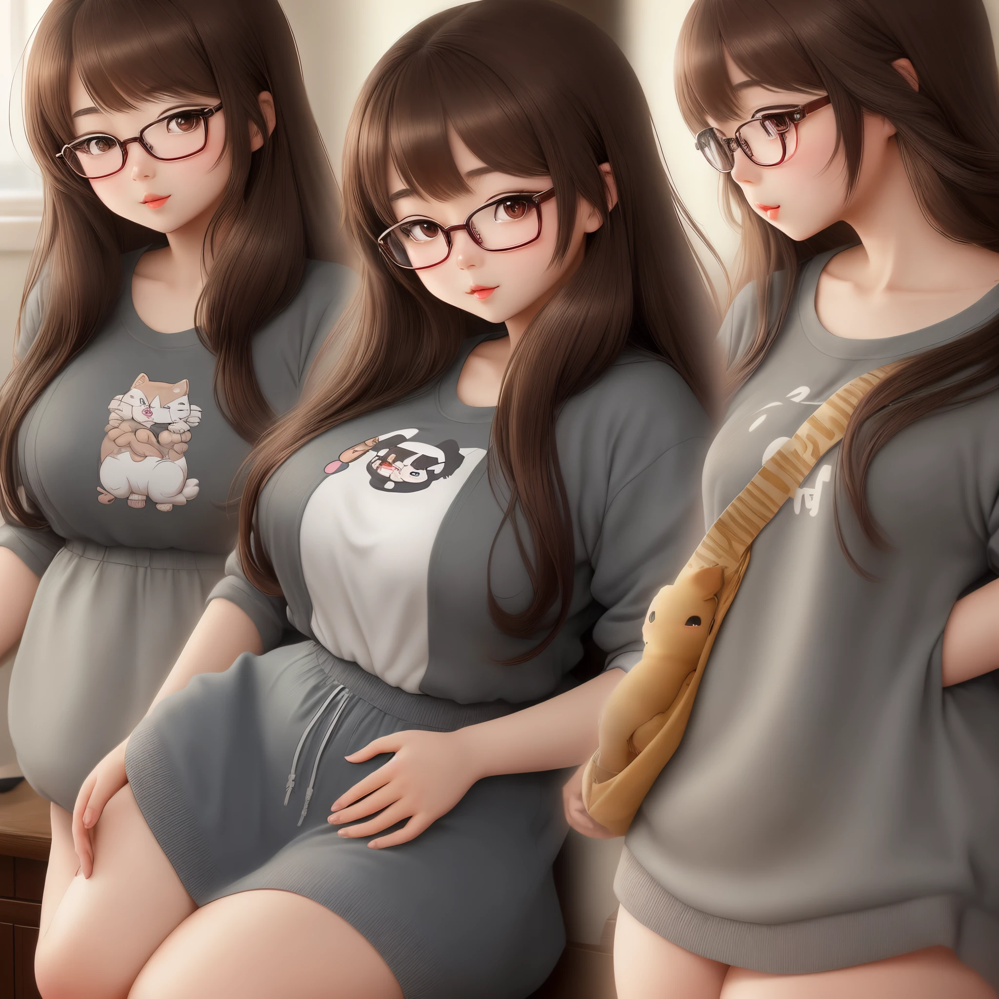 Anime girl she is pretty and cute she wearglasses her eyes and hair are brown she looks asian her lips aren't big ger eyes big abd she has big cheecks her tall is 1.53cm and she like to wear over size and she is obsses with cats