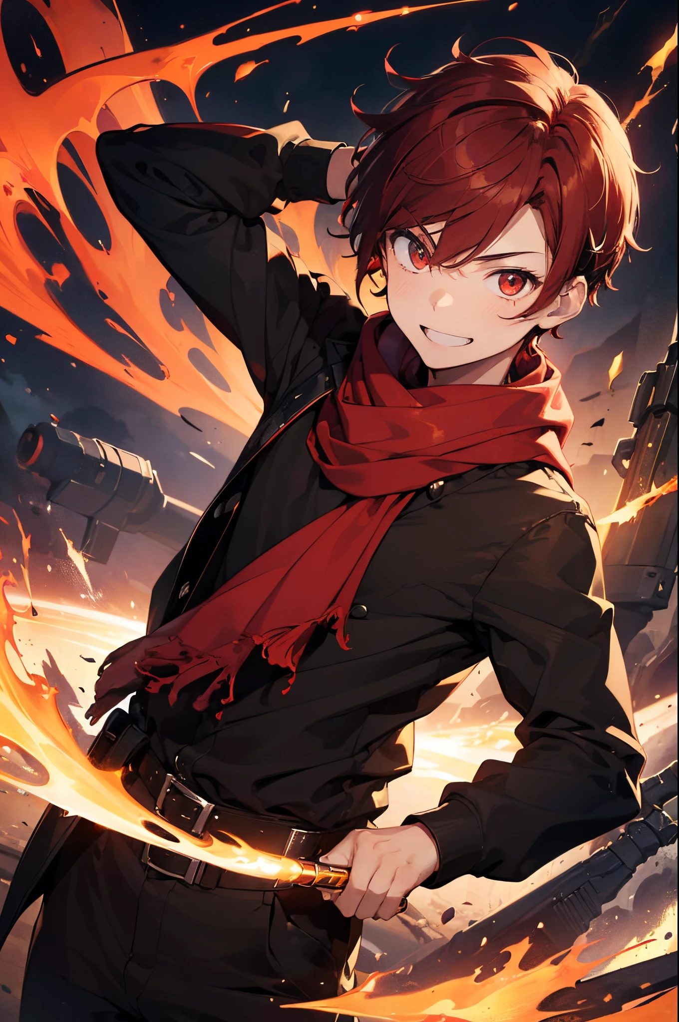 ((masterpiece,bestquality)),An 18 year old young man with red hair, short messy hair, golden eyes, smile, red long sleeved shirt, black gloves, doomsday style, black scarf, black pants, cheerful, happy expression. relaxed posture ((The weapon is a two-handed dagger. Has a black aura)) red black glow effect
