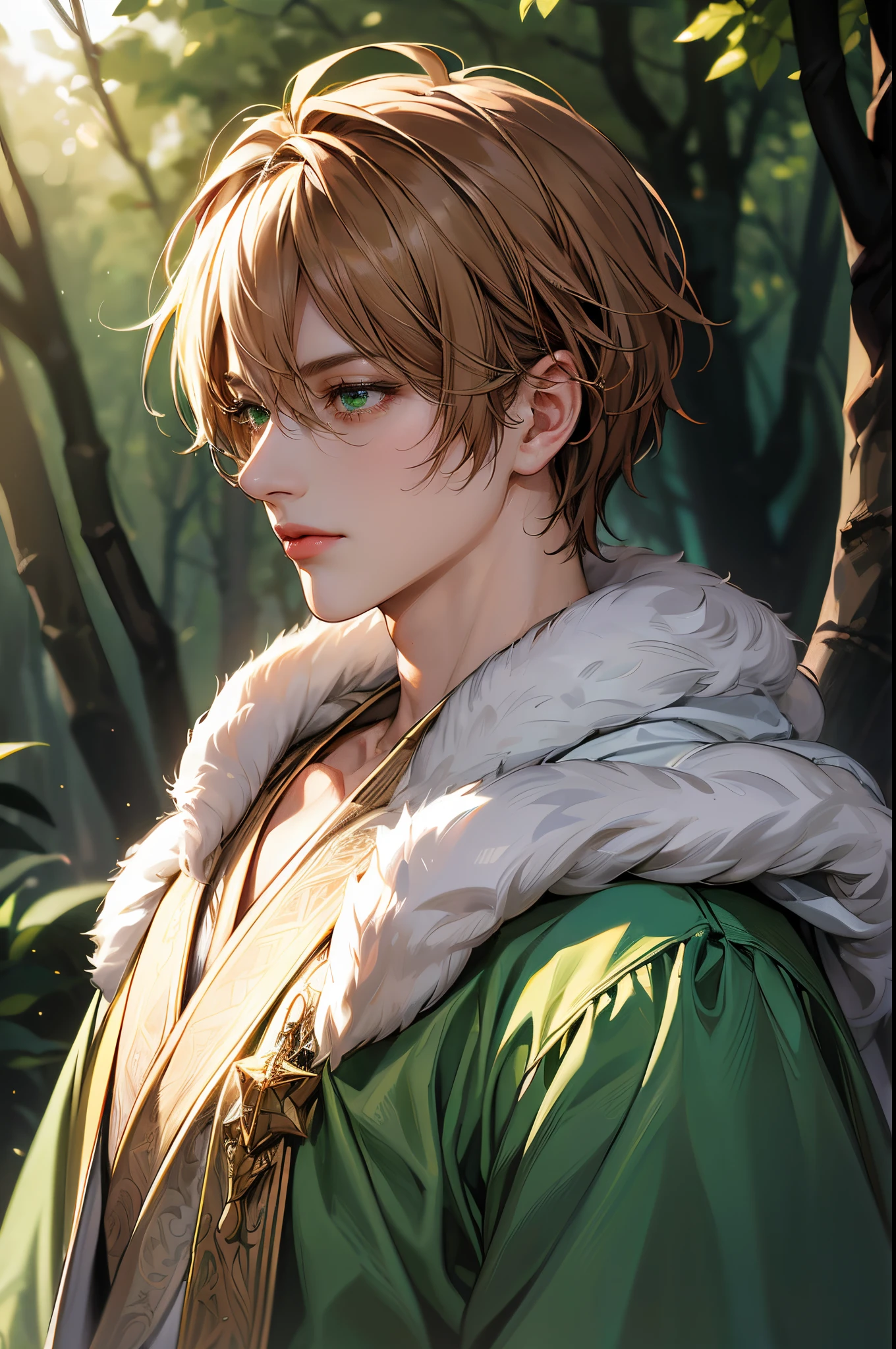 (absurdres, highres, ultra detailed, original character, HDR), 1boy, solo, handsome, (tall muscular guy, broad shoulders), finely detailed eyes, ((fluffy short light brown hair)), hair between eyes, forehead, emerald green eyes, magical spell, fantasy, white robe, ((portrait)), face focused, fairy colorful forest scenery, colorful light, rainbow colored trees, fantasy greek castle, long face, closed mouth, looking away, depth of field, sunlight, flare