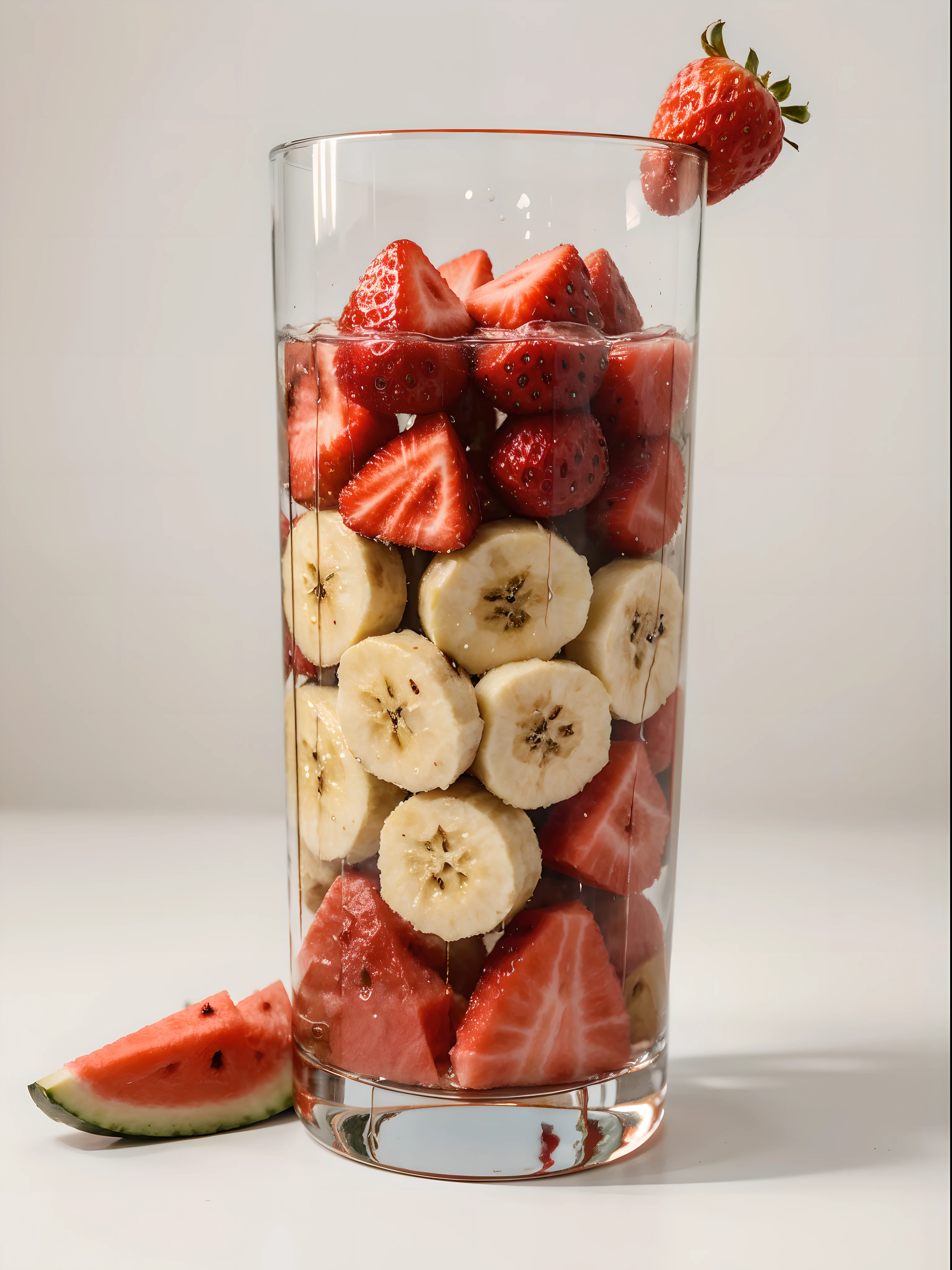 Best quality at best,8K,tmasterpiece:1.3),without humans,Transparent blender,There are many watermelon slices, There are banana slices and strawberries inside, blend, de tarhepodroso, intense detail, on the white background, Clear detail, professional,(hyper realisitc:1.3)