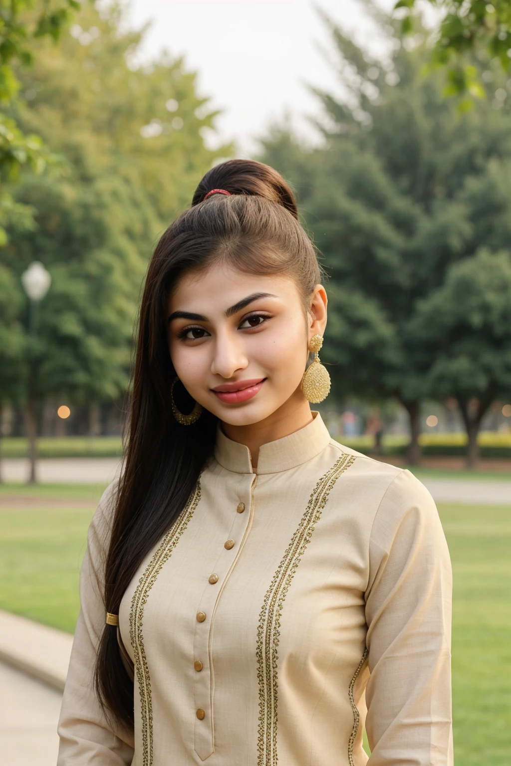 16 years old girl named mouni roy, wearing kurti, smiling, sleek high ponytail, park, without makeup, upper body photo, looking at viewer, bokeh