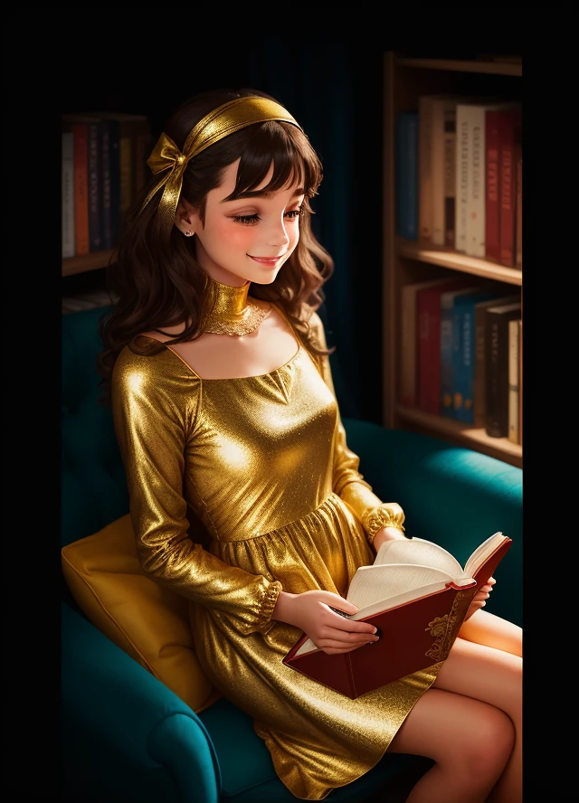 A girl is reading books and she is very beautiful and the picture of her dress is golden colors and she is smiling pop art