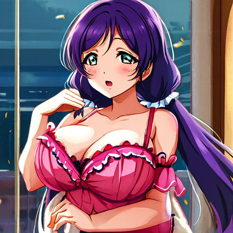 (masutepiece、Best Quality)、(lovelive!school idol project:1.15763)、(lovelive!:1.15763)、(Nozomi Tojo:1.15763)、Purple hair、verd s eyes、(The long-haired)、(Low twin tail:1.3)、1girl in、Open bra、Beautiful eyes、Well-formed face、very large udder、Too big、Lace bra with purple ruffles、Purple bra shoulder straps、Purple lace panties、Big and beautiful nipples、Beautiful areola、beauty legs、a room、is standing、emphasizing breasts、blushed face、Figure-eight eyebrows、Moist eyes、Seduce a man、shame、