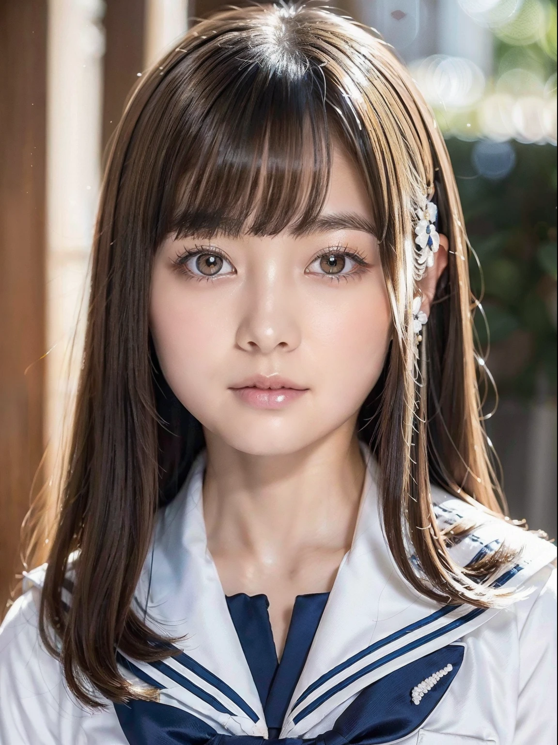 Shiny skin on cheeks on silky skin、Snow-white skin、Luster of skin on the cheeks、Very beautiful and adorable 15 year old girl、((long bangs that extend from between the eyes to the nose,,,,,))、Beautiful cute young woman with golden shiny silky platinum blonde super long hair、Very beautiful pale blue big eyes that shine、Patchy double eyelid eyes、bright expression、School Uniforms、japanese sailor suits