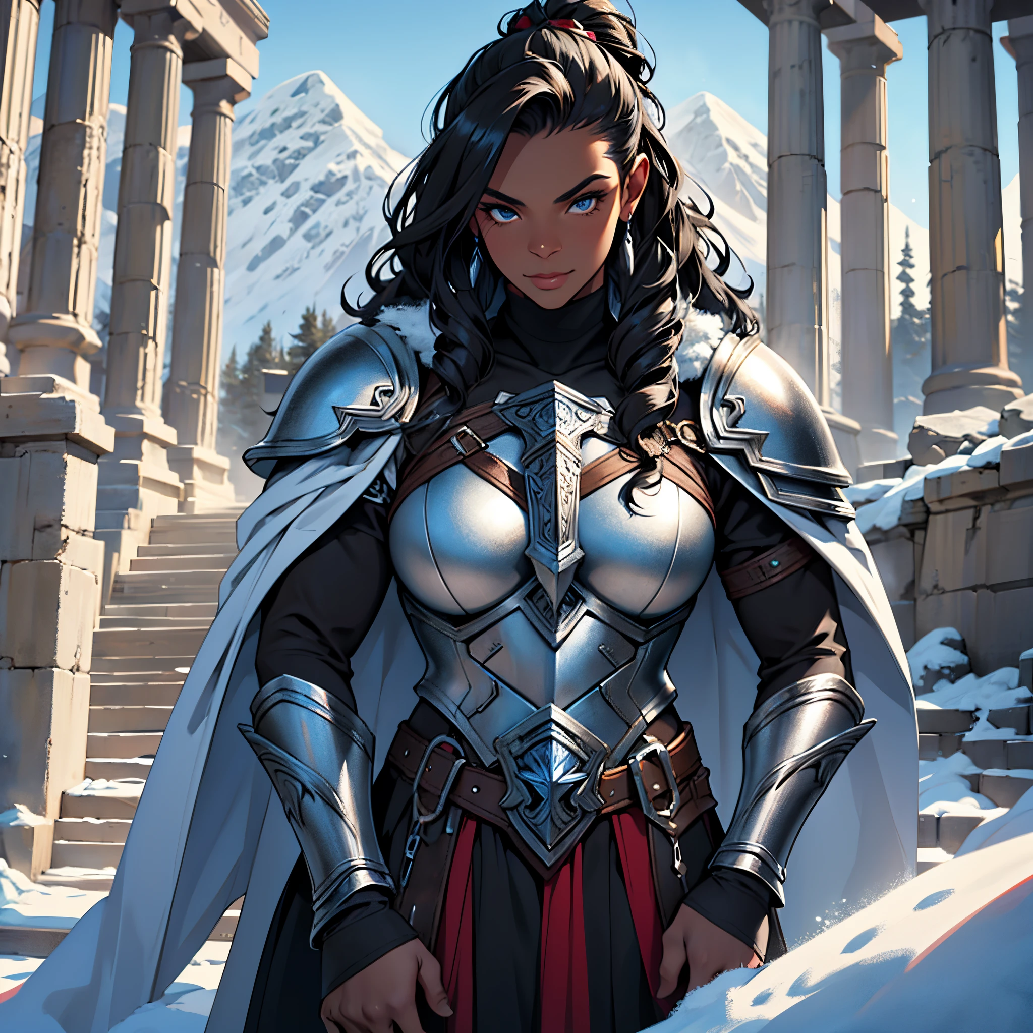 masterpiece, Best Quality, 4k, Background with:In front of the snow-covered stairs of a Greek temple with snow-capped mountains in the distance, One female Valkyrie warrior wearing silver armor and dark red cape, A large black man with very dark skin.., Stiff look,very curly, Fantasy, close up portrait photo