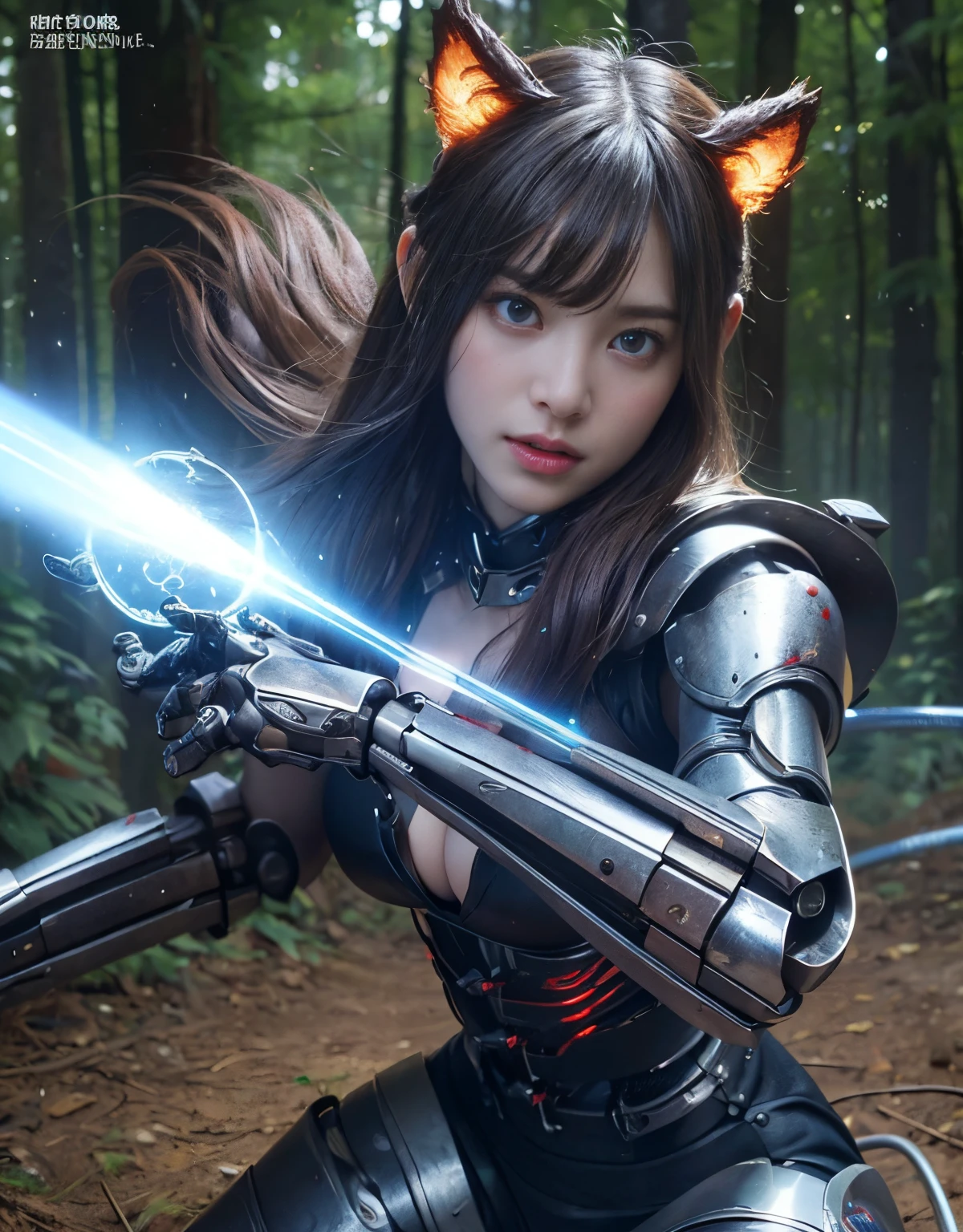 (1 Mechanical Girl)、top-quality、​masterpiece、超A high resolution、(Photorealsitic:1.4)、Raw photo、女の子1人、Fight mutants、glowy skin、(((1 Mechanical Girl)))、With a beautiful knife、（Red Metal Bodysuit）、(Fight goblings、ogre、Fierce battle with orcs),（Fight fiercely against aliens）、Fight fiercely、(beautiful forest background)、(Fighting Demonic Beasts)、(Small LED)、((super realistic details))、portlate、(Strong giant demon beast background),globalillumination、Shadow、octan render、8K、ultrasharp、Colossal tits、Raw skin is exposed in cleavage、metals、Details of complex ornaments、Japan details、highly intricate detail、Realistic light、(Mystical expression),CGSoation Trends、Blue eyes、radiant eyes、Facing the camera、neon details、(Mechanical limbs)、(blood vessels connected to tubes)、(Wires and cables connecting to the head)、Small LED、,Mechanical thighs、Toostock、（Hands are also made of machines）、（Attack of the Monster Beasts）、