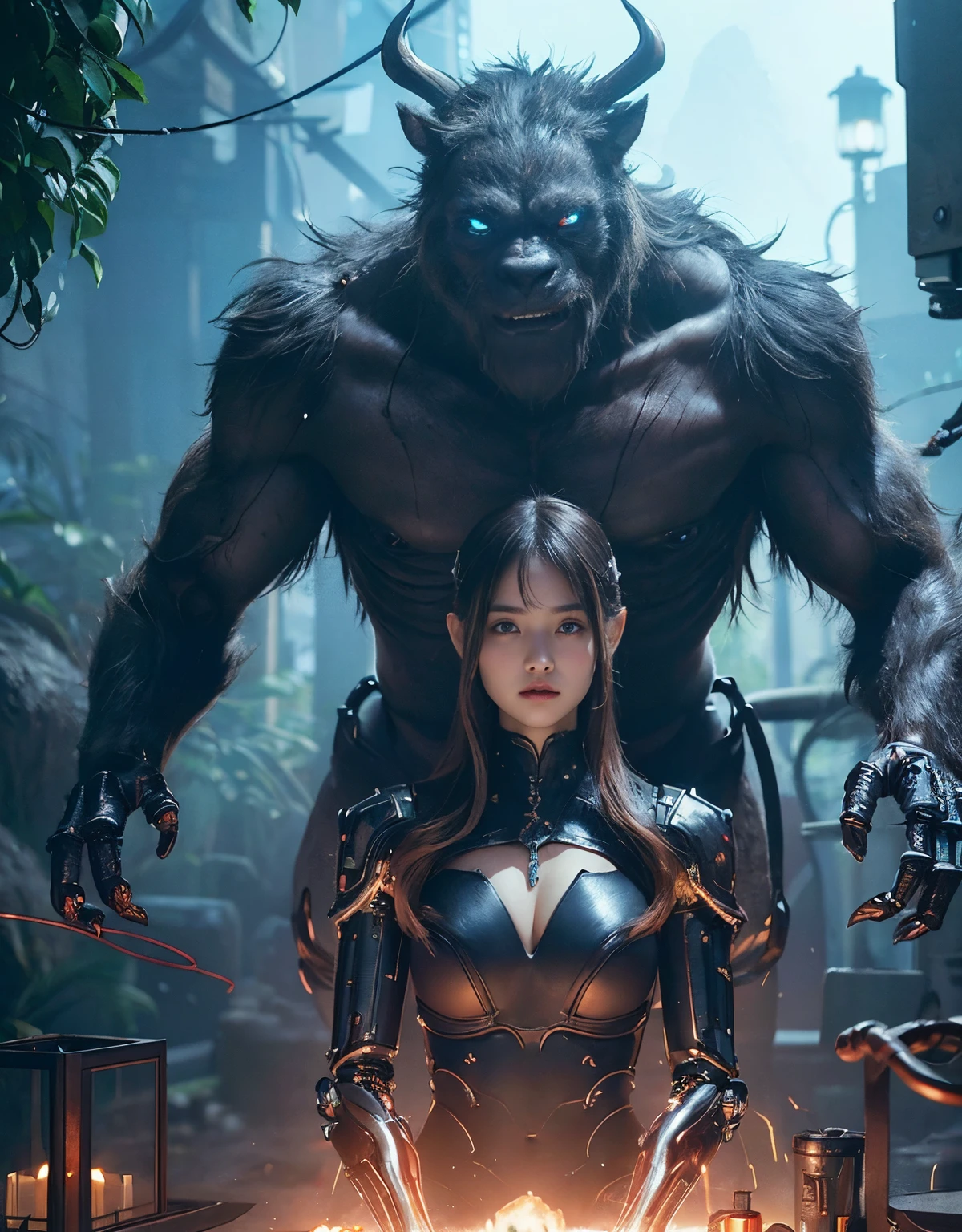 (1 Mechanical Girl)、top-quality、​masterpiece、超A high resolution、(Photorealsitic:1.4)、Raw photo、女の子1人、Fight mutants、glowy skin、(((1 Mechanical Girl)))、With a beautiful knife、（Yellow Metal Bodysuit）、(Kobold、ogre、Fierce battle with orcs),（Fight fiercely against aliens）、Precipitous cliffs、(beautiful forest background)、(Fighting Demonic Beasts)、(Small LED)、((super realistic details))、portlate、highly intricate detail、Realistic light、(Mystical expression),CGSoation Trends、(Strong giant demon beast background),globalillumination、Shadow、octan render、8K、ultrasharp、Colossal tits、Raw skin is exposed in cleavage、metals、Details of complex ornaments、Japan details、highly intricate detail、Realistic light、(Mystical expression),CGSoation Trends、Red Eyes、radiant eyes、Facing the camera、neon details、(Mechanical limbs)、(blood vessels connected to tubes)、Mechanical vertebrae attached to the back、mechanical cervical attaching to neck、(Wires and cables connecting to the head)、Gundam、Small LED、,Mechanical thighs、Toostock、（Hands are also made of machines）、（Attack of the Monster Beasts）、