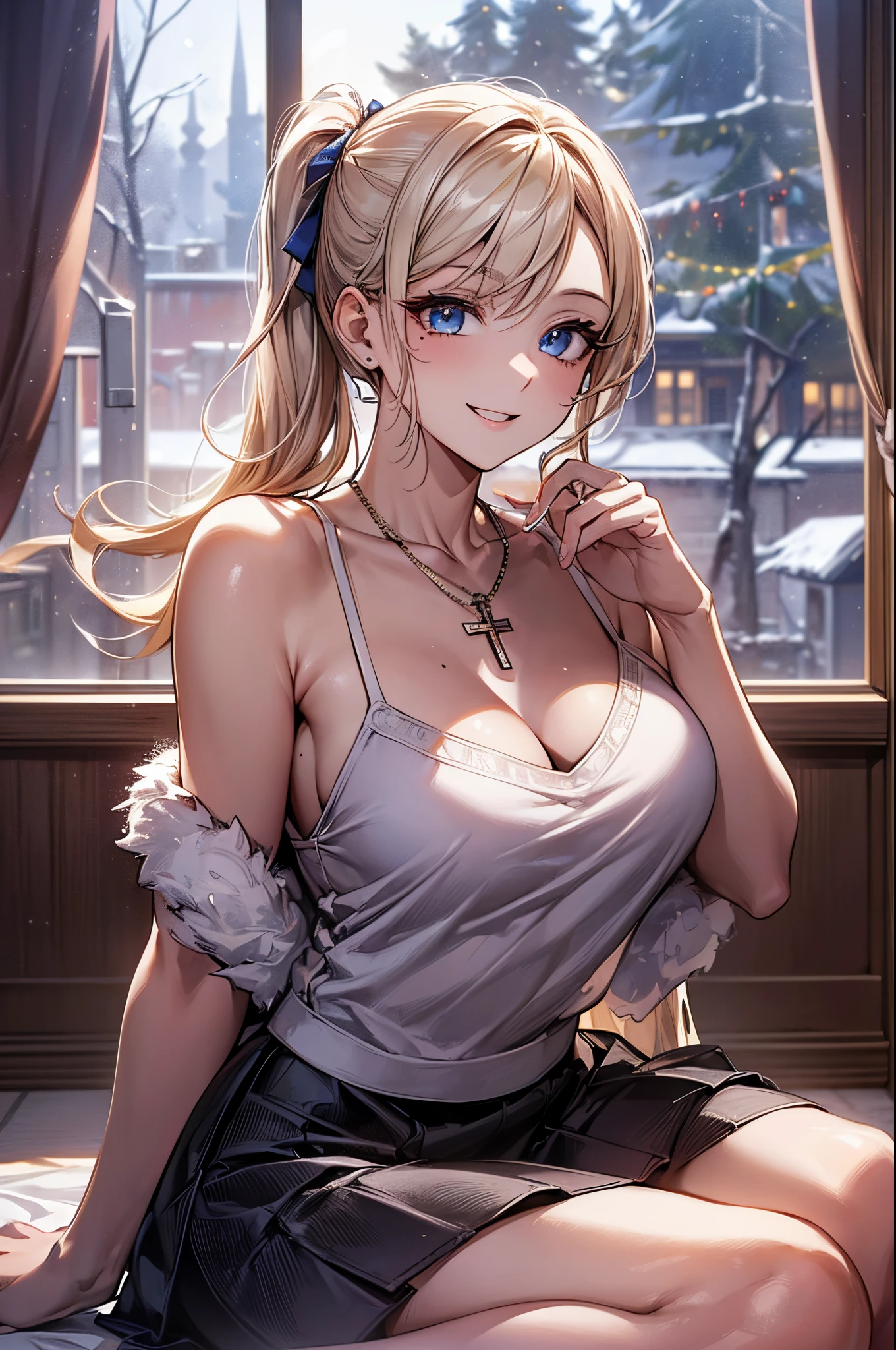 ((((perfect anatomy, super detailed skin)))), 1 girl, japanese, high school girl, shiny skin, large breasts:0.5, watching the view,
beautiful hair, beautiful face, beautiful detailed eyes, (long hair:1.7, side ponytail:1.5), blond hair, blue eyes,
beautiful clavicle, beautiful body, beautiful chest, beautiful thigh, beautiful legs, face, mole under eye,
((camisole, mini skirt), cross necklace), seductive thighs, ,
((smile:1.5, open your mouth wide)), ,
(beautiful scenery), modern architecture, living room, carpet, sitting floor, window, winter, night, christmas, (christmas tree), snow, snowfall:1.5, freezing weather, frost,
(8k, top-quality, masterpiece:1.2, extremely detailed), (photorealistic), beautiful illustration, cinematic lighting,