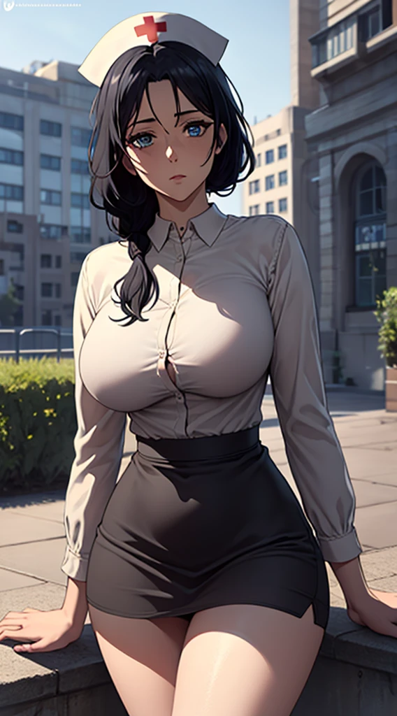 Long black hair, nurse dress, massive sized boobs, thigh legs, nurse cap on her head,short nurse skirt, standing,blue colour eyes,ultra realistic detailed blue eyes, beautiful and perfect face, hospital background, Violet Evergarden's hairstyle, black hair