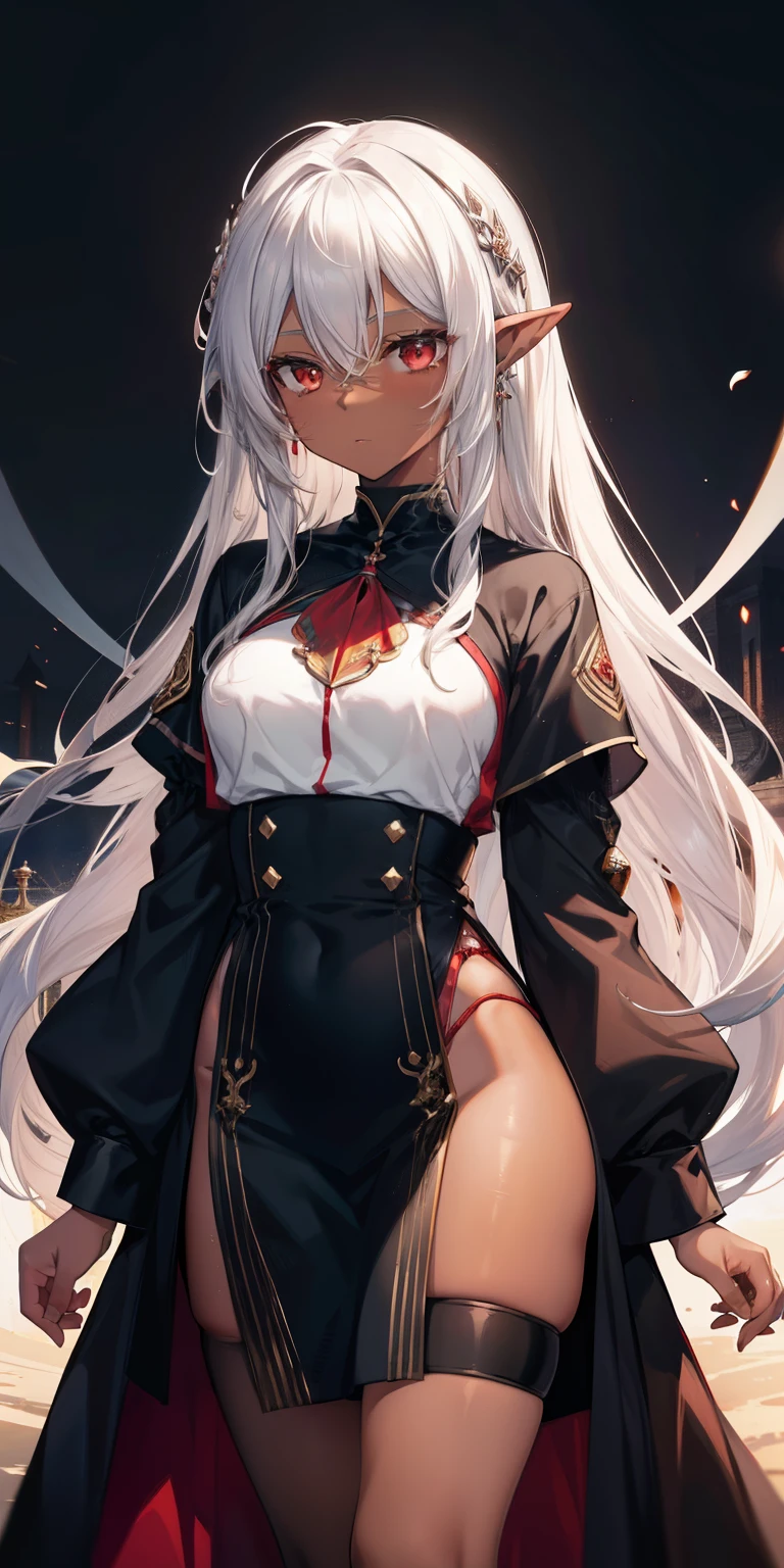 (masutepiece: 1.2, Best Quality), 1 Lady, Solo, silber hair,The long-haired, Red Eyes, Black skin,sun burn,Brown skin,elvish、a choker,Silver Accessories,chies,Monastic uniforms,Cultivated woman,unclear