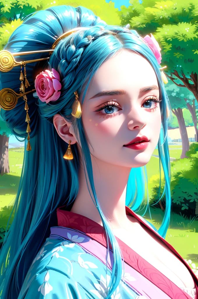 (((ultra detailed background, delicate pattern, intricate detail, highly detailed, fine details))), best quality, ((medium breasts, slim girl)), KozukiHiyori, 1girl, solo, hair ornament, closed mouth, hair flower, japanese clothes, makeup, kimono, lipstick, aqua hair, blue eyes, long hair, hair stick, smile, kanzashi, ((complex detailed background, blue sky, nature environment, close-up, portrait, clear face)),