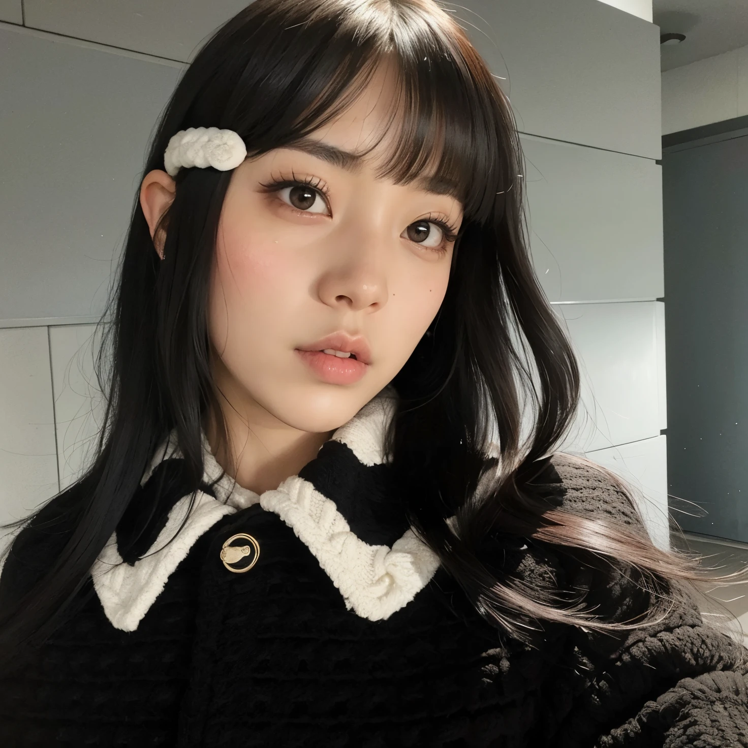 curvy Asian woman with long black hair, wearing a black and white sweater, Ulzzang, Ela tem cabelo preto com franja, O corte Hime, cabelo arrumado com franja, Chiho, Sui Ishida com cabelo preto, Kim Doyoung, jossi do blackpink, preto hime corte cabelo, Jisoo do Blackpink, jisoo do blackpink, branco hime corte penteado