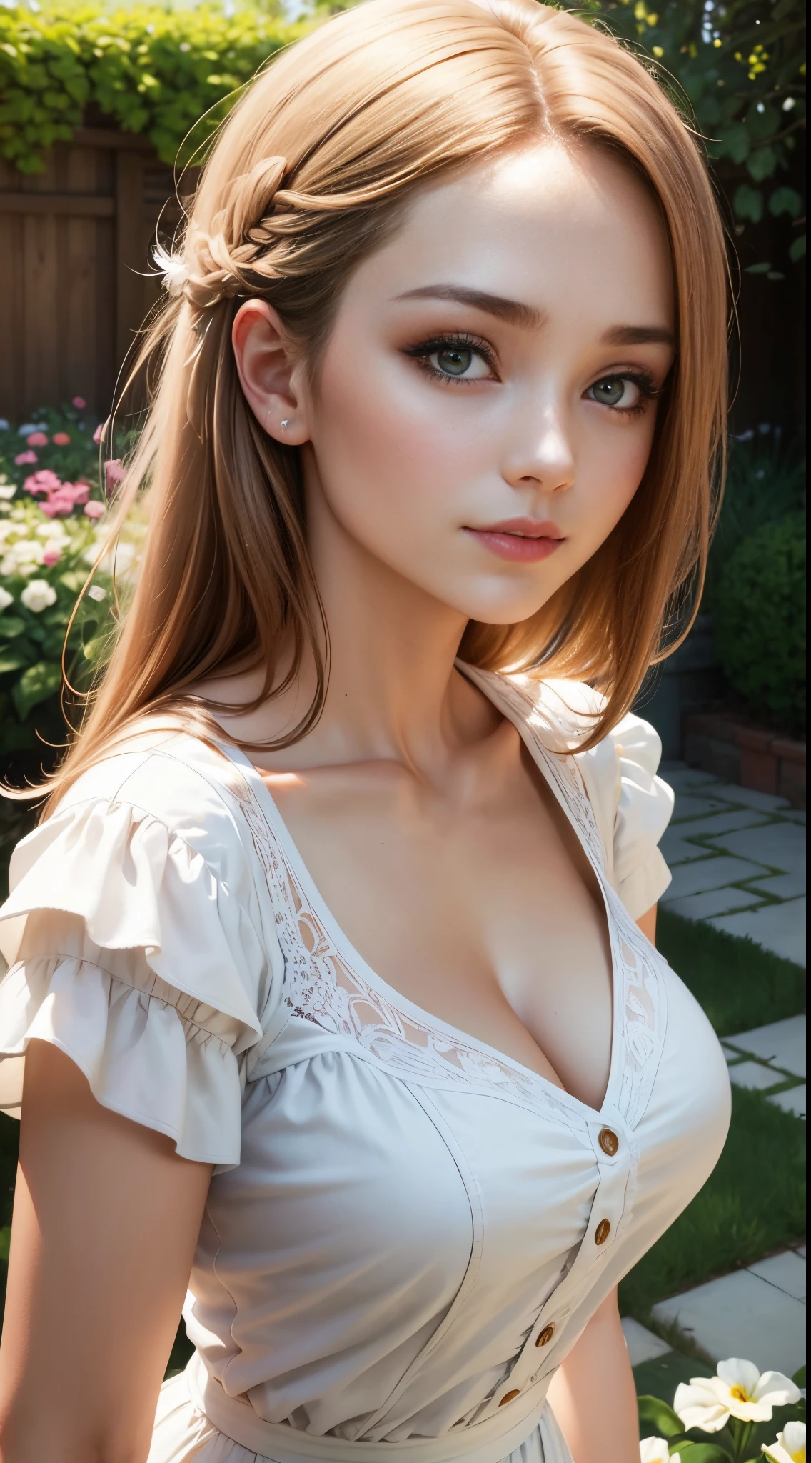 a portrait of a beautiful woman, a closeup of a, The perfect female face, white blouse, summer garden in the background, Sunny day