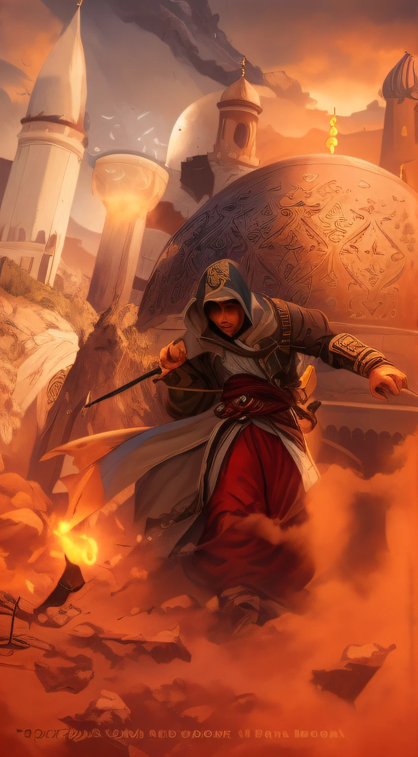 arafed image of a man in a hooded jacket holding a sword, handsome prince of persia, assassin's creed, assassins creed, portrait of bedouin d&d, craig mullins style, an arab standing watching over, assasin, game key art, front cover of a new video game, assassin, game art, profile picture 1024px