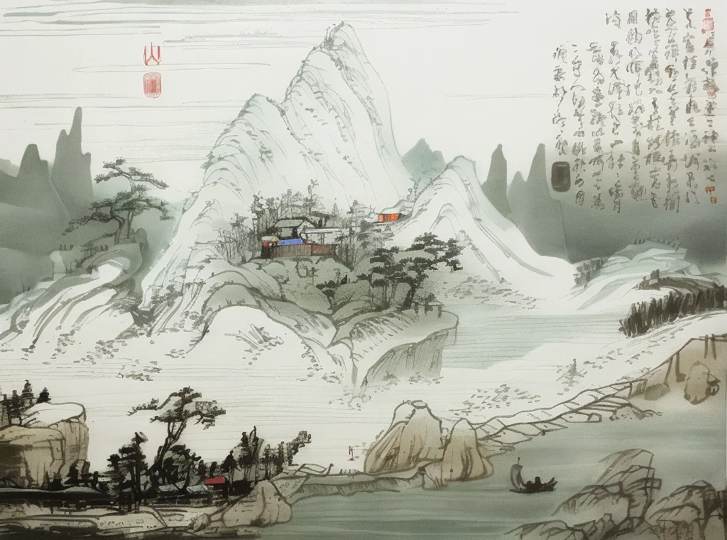 Mountain view with river and village, chinese brush pen illustration, z style art work.show on. to the, Pen illustration, Pen and ink illustration, full page illustration, Detailed view – width 672, The landscape, Chinese landscape, Inspired by::《Qiu Wentianjiang》