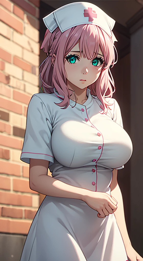 Very Cute girl, massive sized boobs,half naked ,ultra realistic eyes, nurse dress,short nurse skirt, nurse cap on her head, hospital outside, pink colour hair,bright green eyes, ultra realistic detailed eyes, innocent eyes, looking at camera,long pink hair,