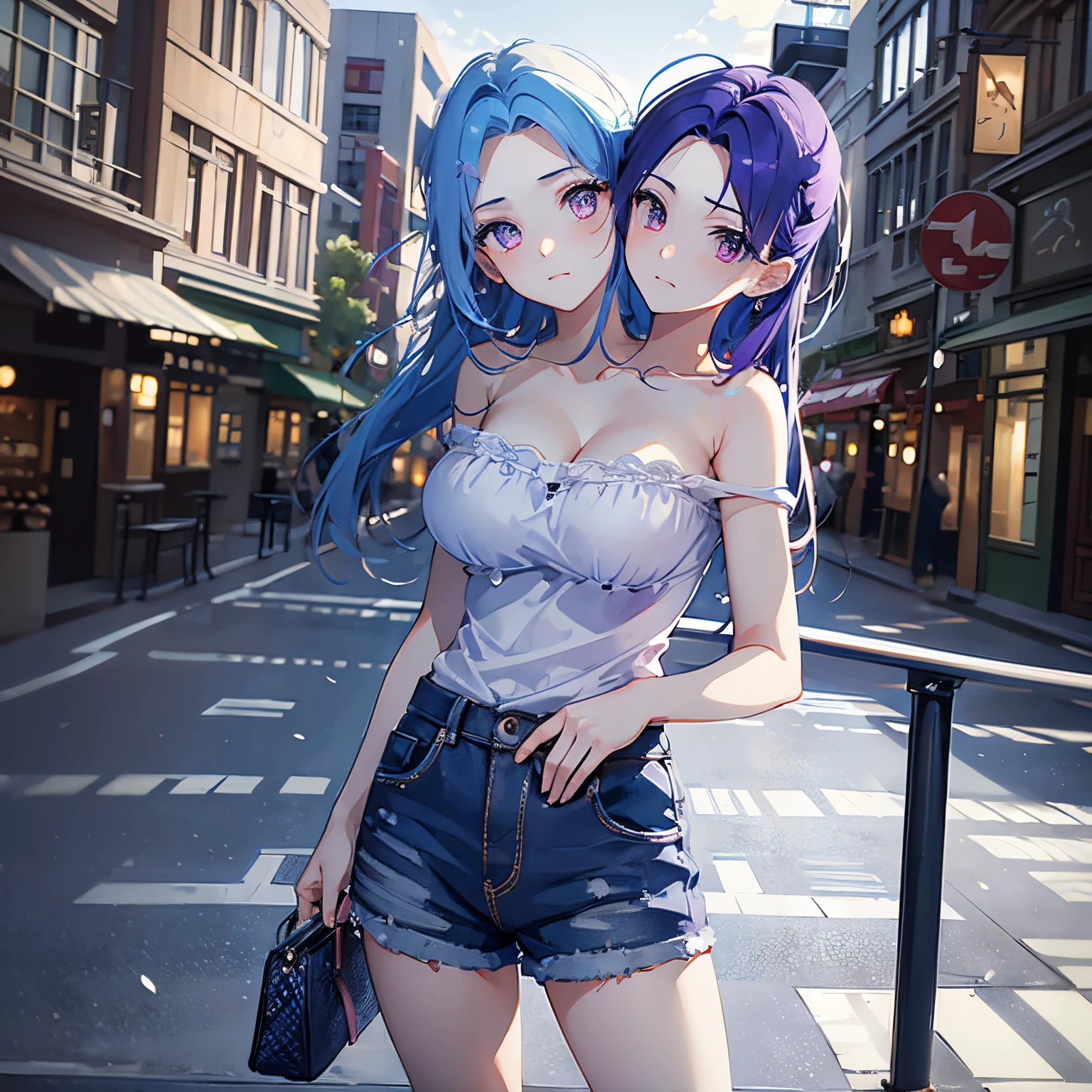 (masterpiece, best quality), best resolution, (2heads:1.5), 1girl, blue hair, purple hair color, light orange eyes, shy, light blue outfit, city background, causal wear, different facial expressions