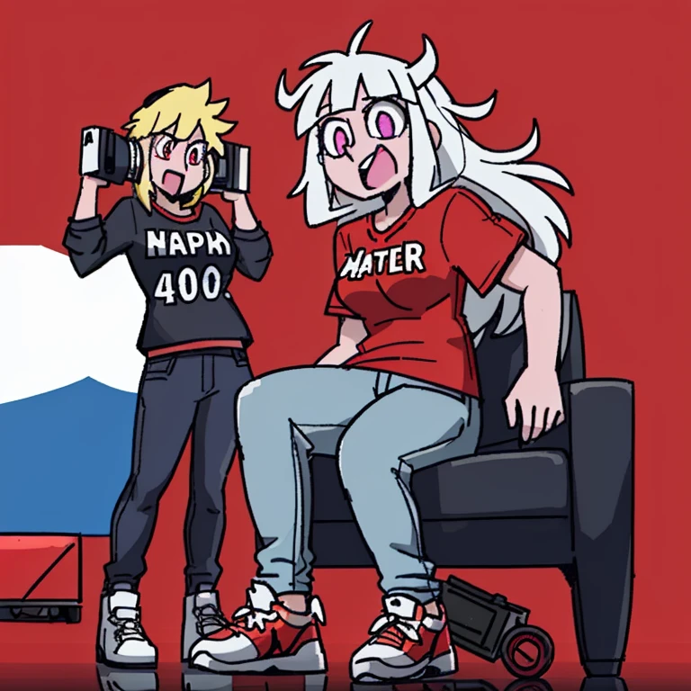2D, ​masterpiece, Top  Quality, Highly detailed eyes, highly detailed face, 4Girl, standing at, pink background, blue background, helltaker, White-haired, Baseball Jumper, Pink T-shirt, cassette, boom box, long jeans, Basketball Shoes, Retro, video tape, Vinyl Records, Red sofa
