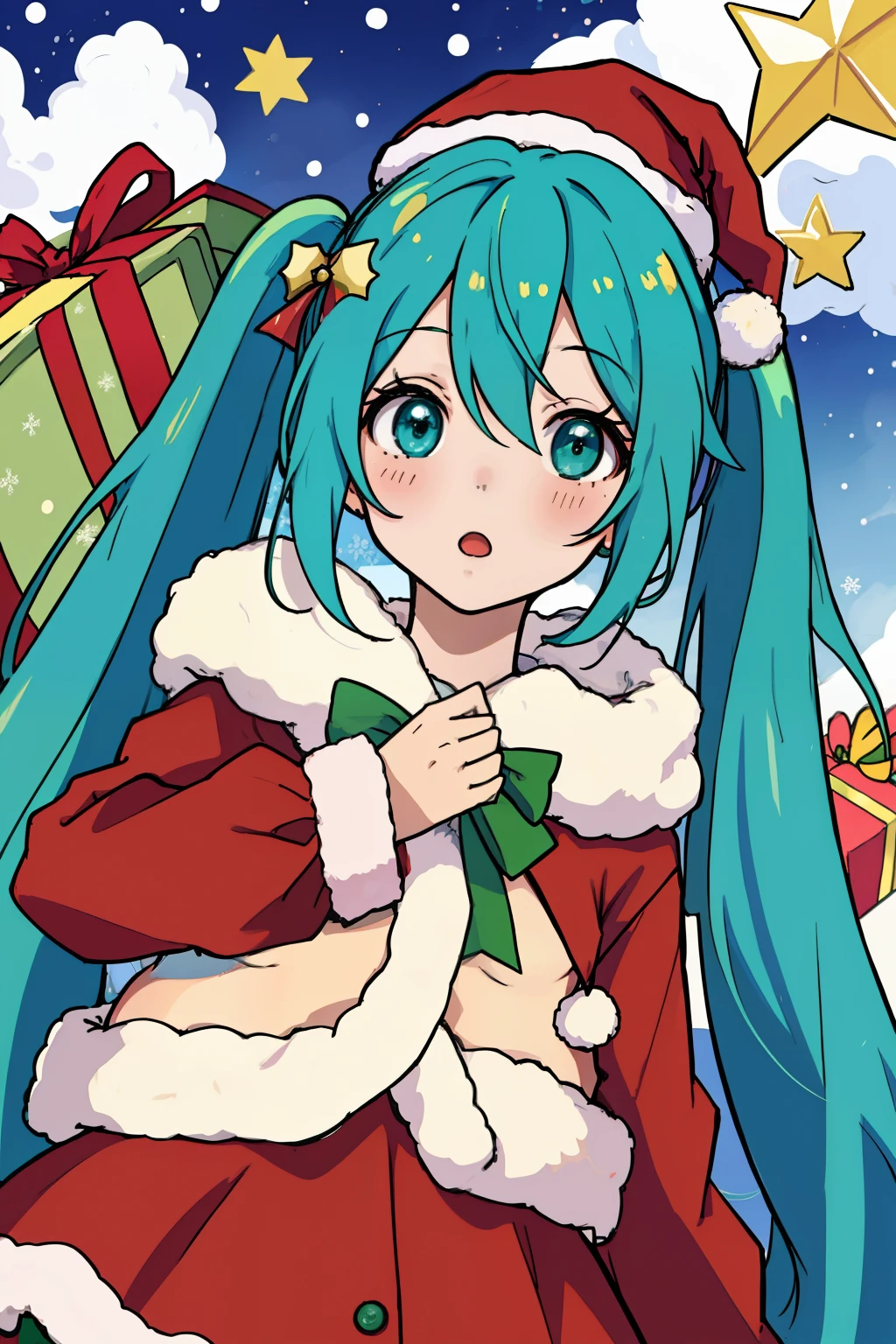 Hatsune miku, cabelos azuis, fofo, christmas hat
