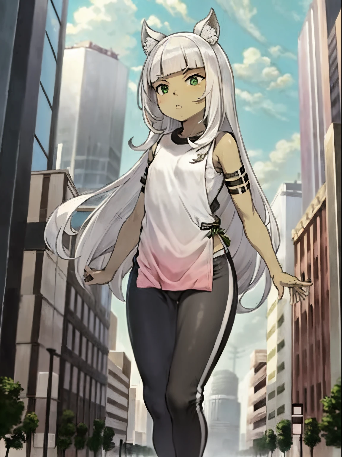 Ochette, 1girl, crowded city, green eyes, giantess, massive, tall, cute, full body picture, buildings, gao, larger than buildings, best quality, pink clothing, buildings nearby, between buildings, taller than skyscrapers, flat ground, standing, ground visible, loose long black pants, adorable, kind, gentle, empty hands, small build, slim