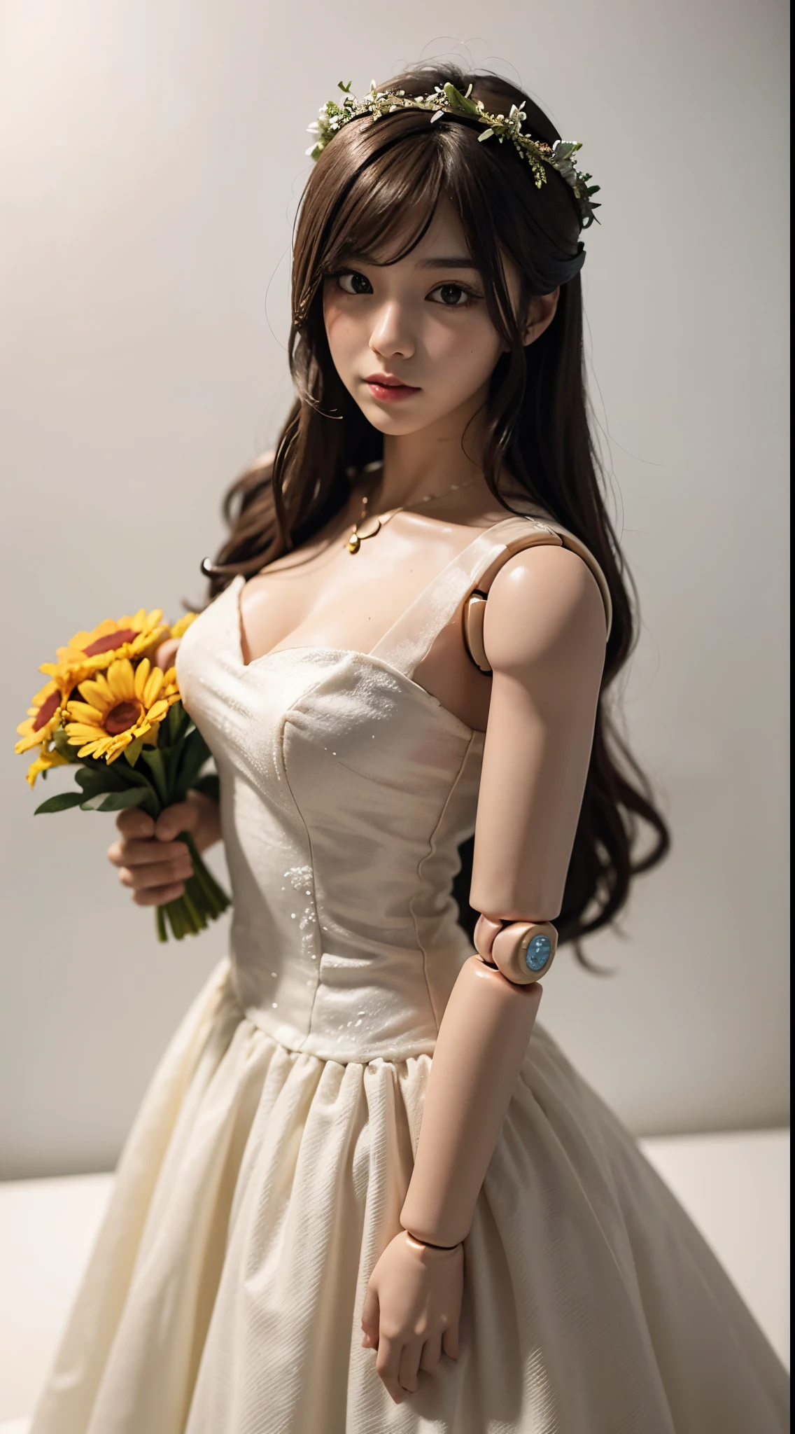 An anime doll, (action figure:1.2), (1girl),stands on a pedestal, young girl,brown eyes,brown wavy hair, detailed face,(long hair),wearing a wedding dress, flower crown on the head, against a clean white background, illuminated by artificial light, front view camera shot, wide shot